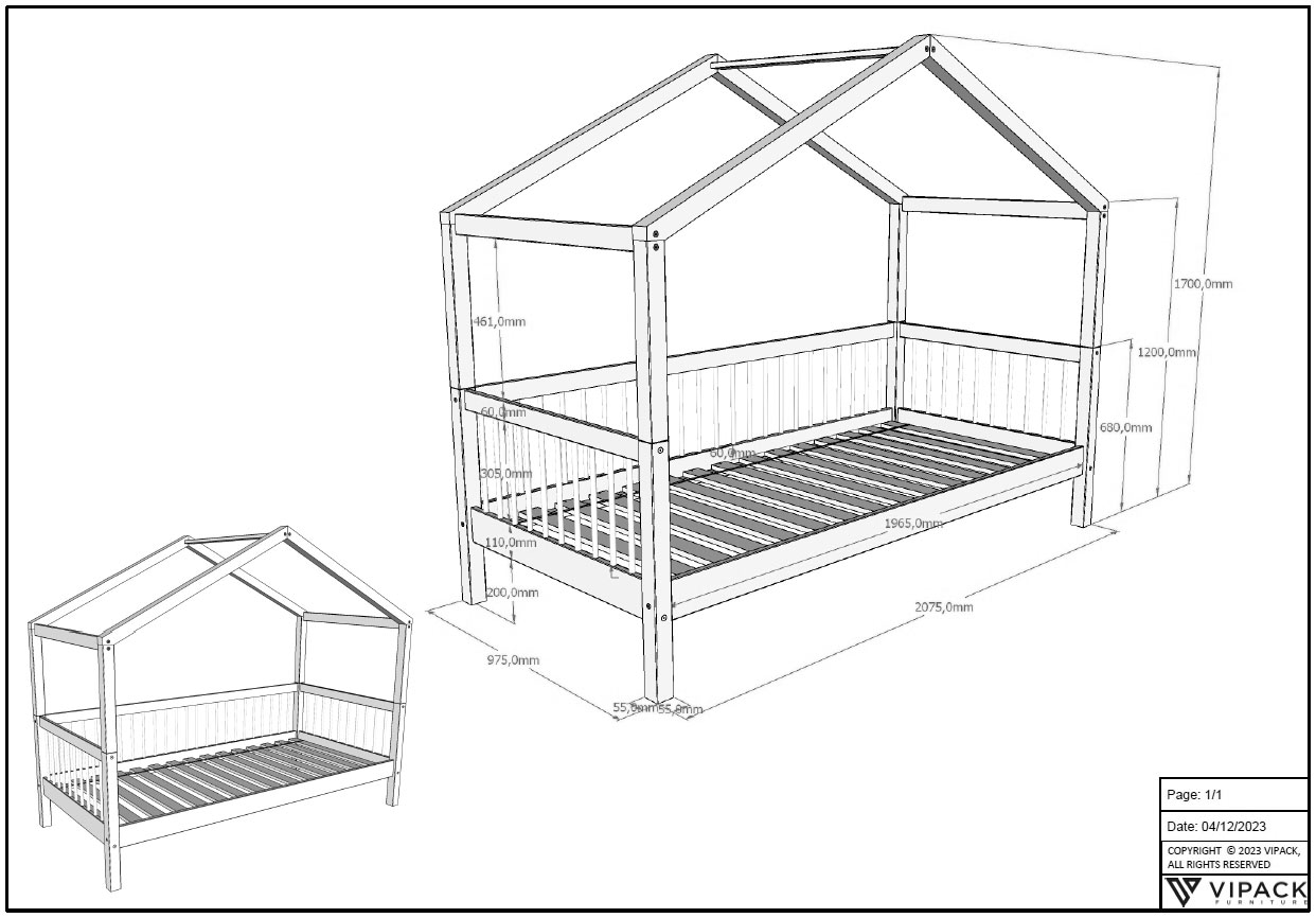 Vipack Hausbett, aus massiver Eiche geölt, LF90x200 cm, m. Textilhimmel, Bettschublade