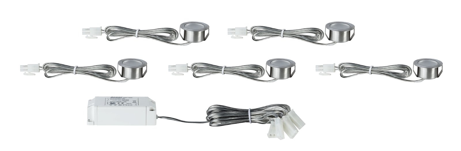 Paulmann Unterschrankleuchte »Mini rund 5x0,4W 2700K 3,6VA 230/12V 35mm Eisen geb/Met«, 5 flammig, LED Möbel Einbauleuchten Set