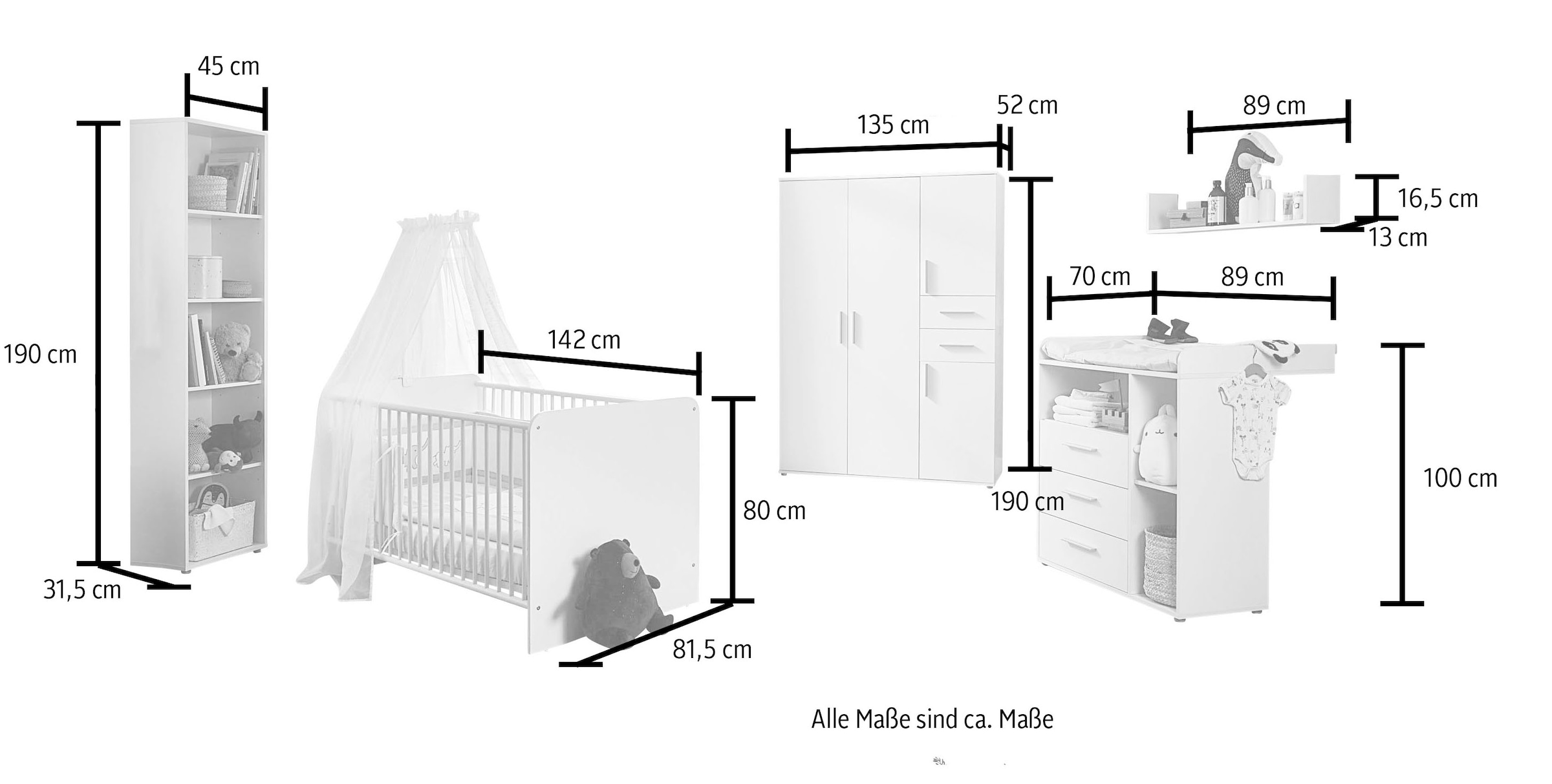 BMG Möbel Babyzimmer-Komplettset »Lea«, (Set, 5 tlg., Bett, Wickelkommode, Schrank, Standregal, Wandboard), Bett + Wickelkommode + 4-trg. Schrank + Standregal + Wandboard