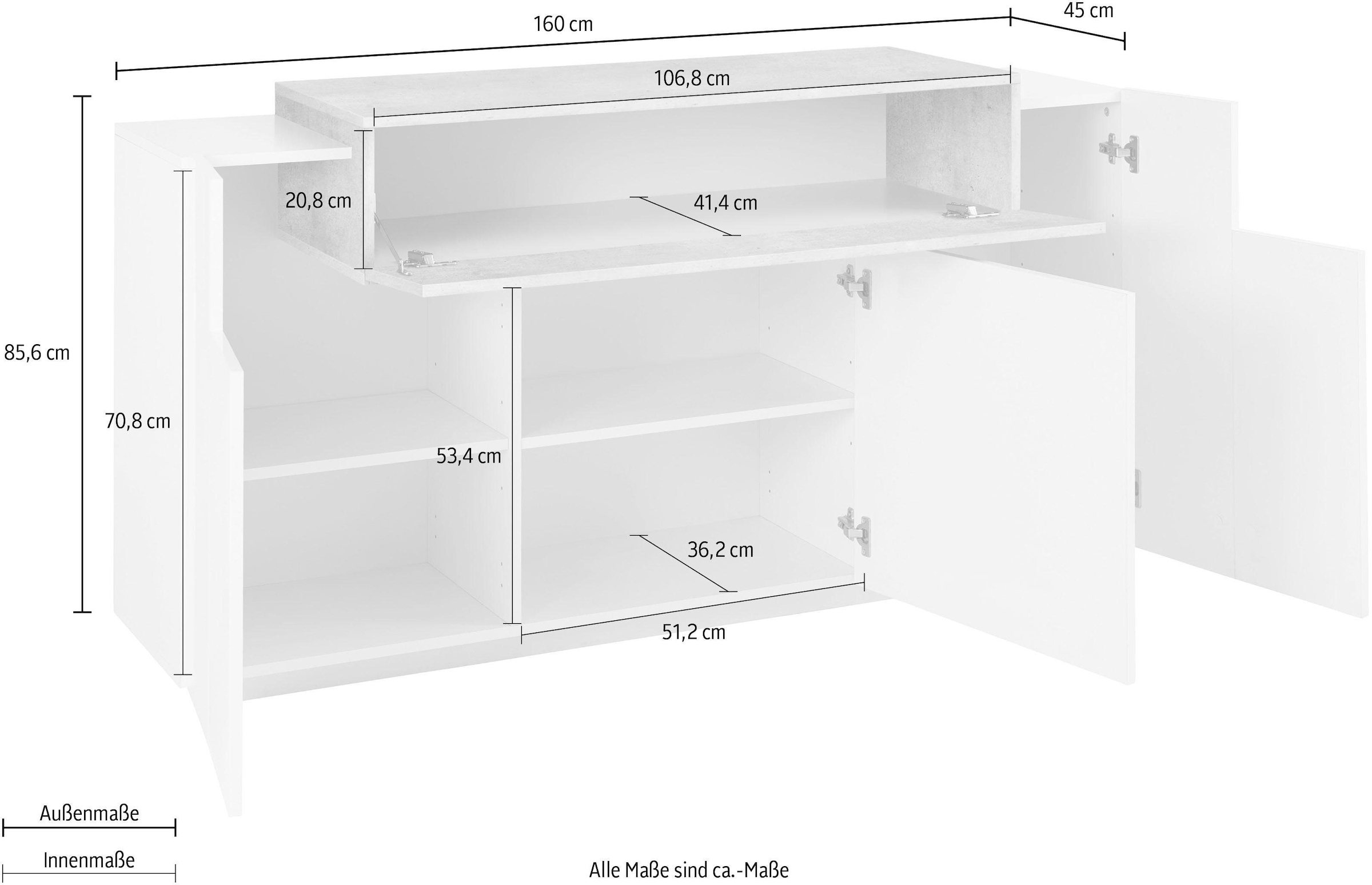 INOSIGN Sideboard »Coro, Kommode, Schrank, Kredenz, grifflos mit Einlegeböden«, mit 1 klappe, 3 Türen, Doppeltiefe B/T/H 160x45x85,6cm