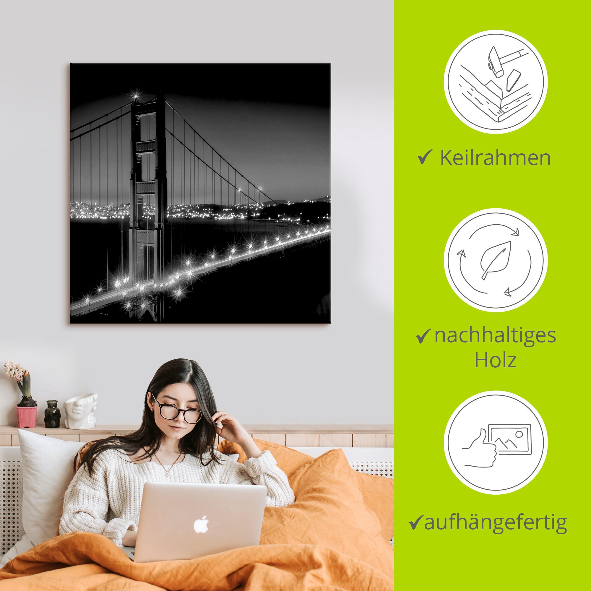 Artland Leinwandbild »Golden Gate Bridge am Abend I«, Amerika, (1 St.), auf Keilrahmen gespannt