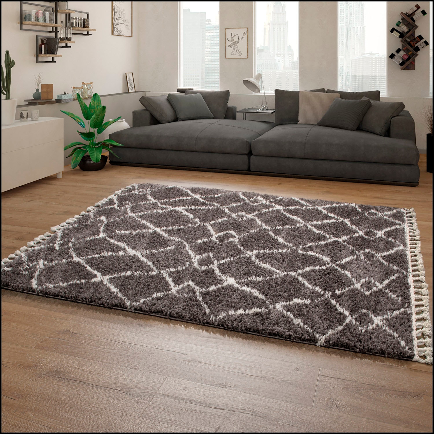 Paco Home Hochflor-Teppich »Orebro 170«, rechteckig, 44 mm Höhe, modernes Rauten Muster, besonders weich & kuschelig, mit Fransen
