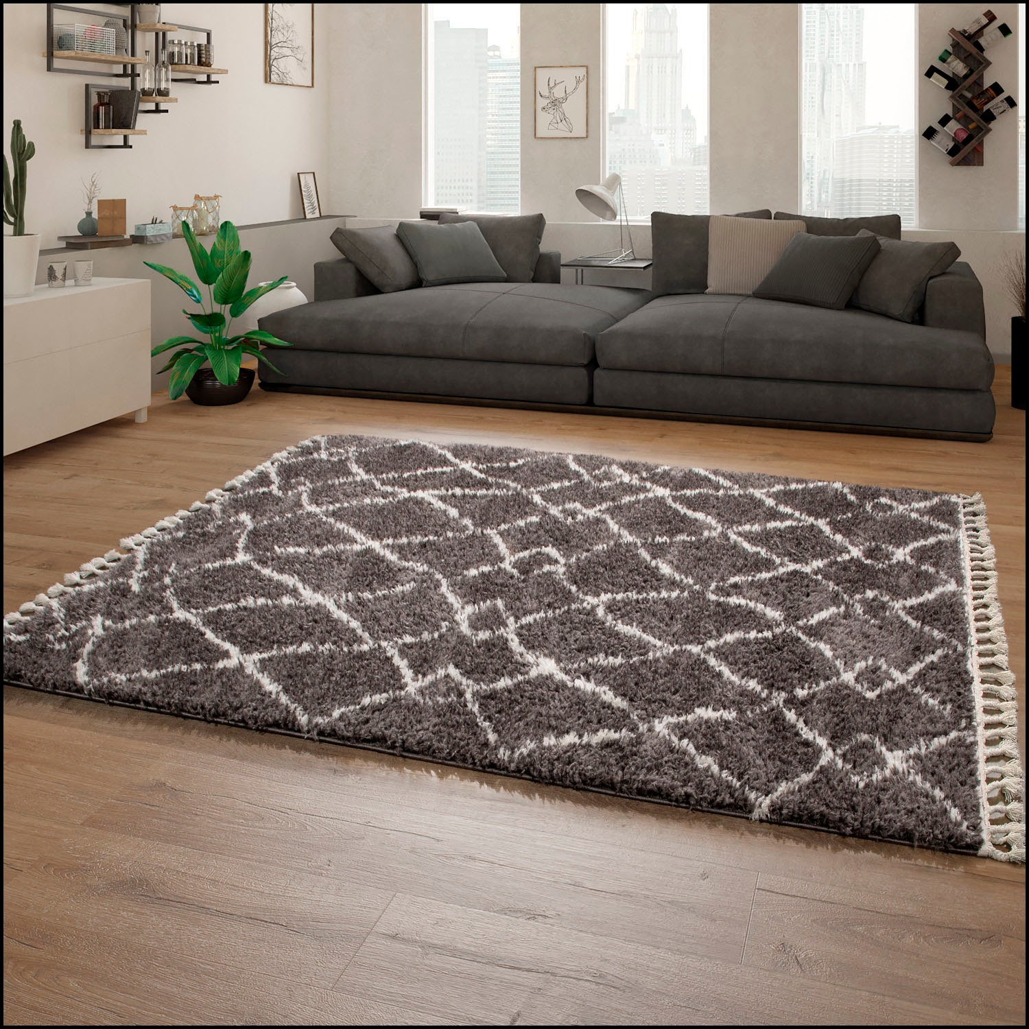 Paco Home Hochflor-Teppich »Orebro 170«, rechteckig, modernes Rauten Muster, besonders weich & kuschelig, mit Fransen