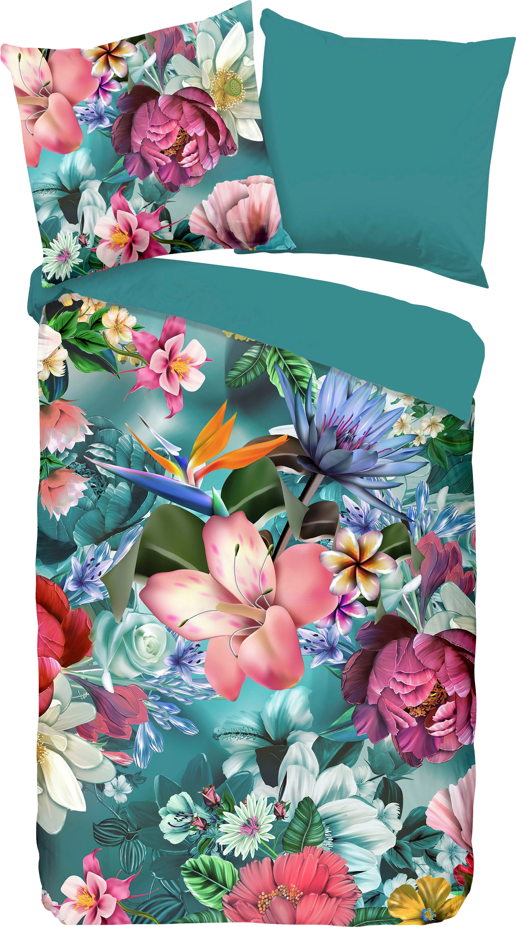 good morning Wendebettwäsche »Tiandra«, Baumwolle, 135x200, Reißverschluss, Wendeoptik, Blumen, Petrol