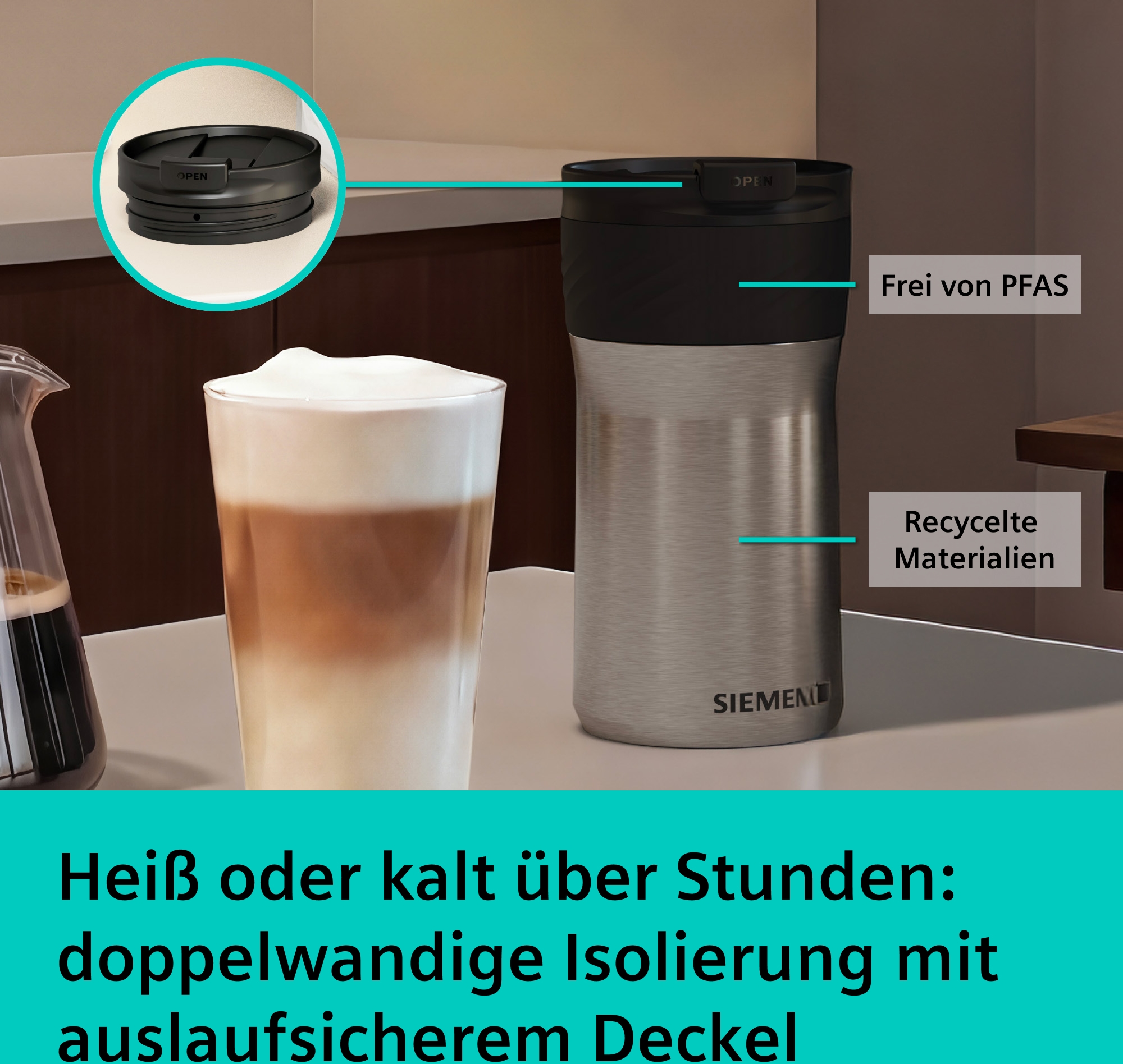 SIEMENS Thermobecher »TZ40002, doppelwanding isoliert, für XL-Getränke,« 480ml, auslaufsicher, spülmaschinenfest, frei von Blei, BPA und PFAS