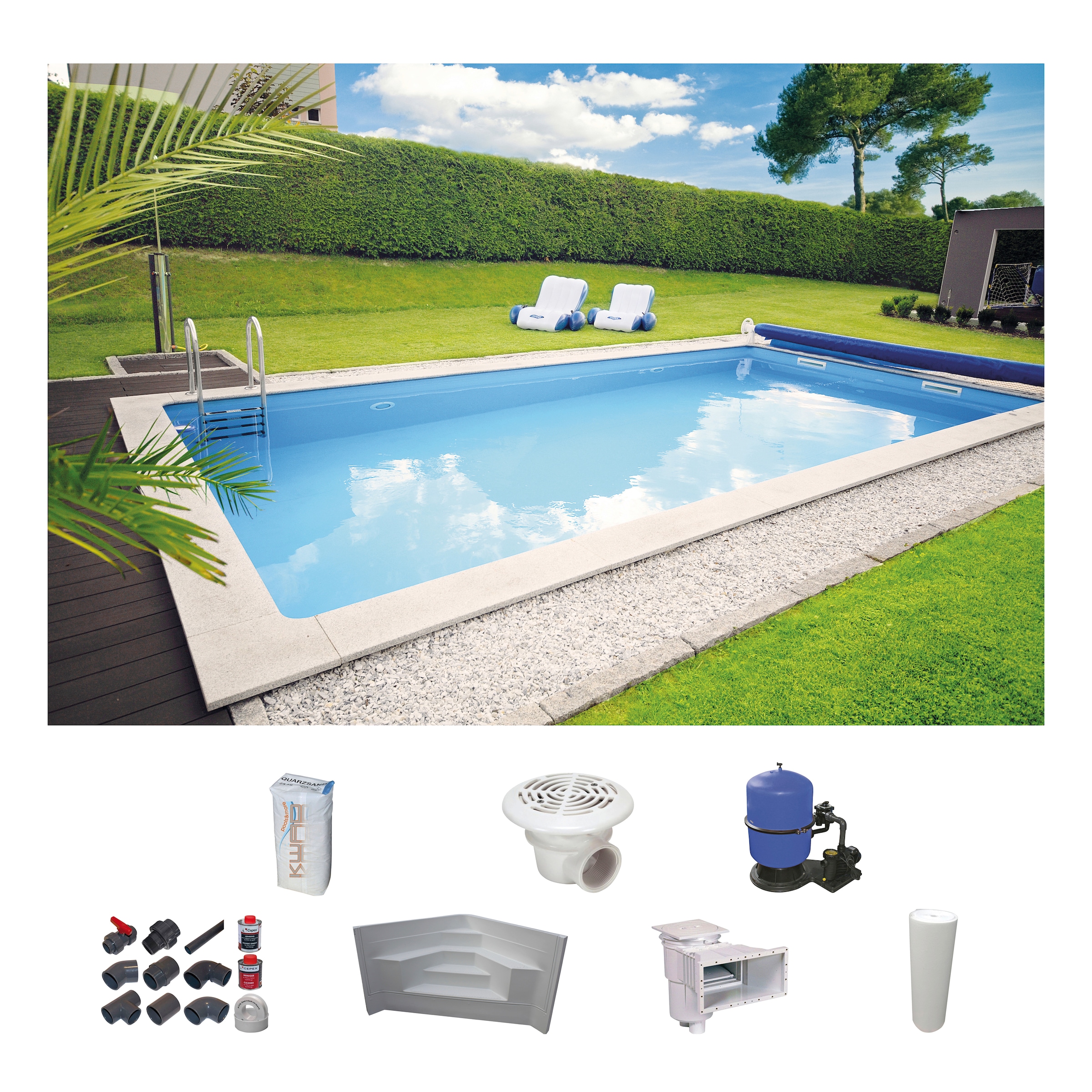 KWAD Rechteckpool »mit Ecktreppe«, (Set), 8x4, 7x3,5 oder 6x3m Höhe: 1,50m, mit Foliensack 0,8mm