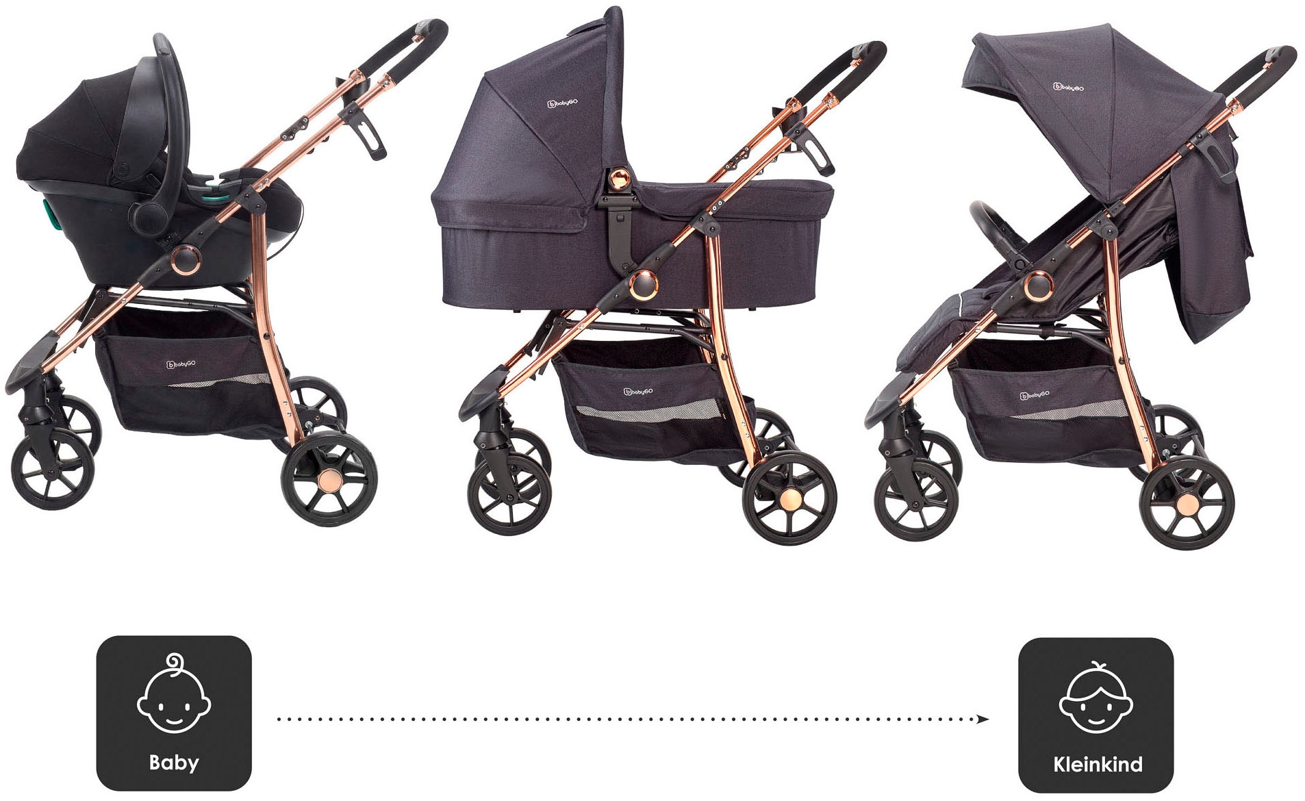 BabyGo Kombi-Kinderwagen »Style - 3in1« inkl. Babyschale mit Adaptern u. Wickeltasche