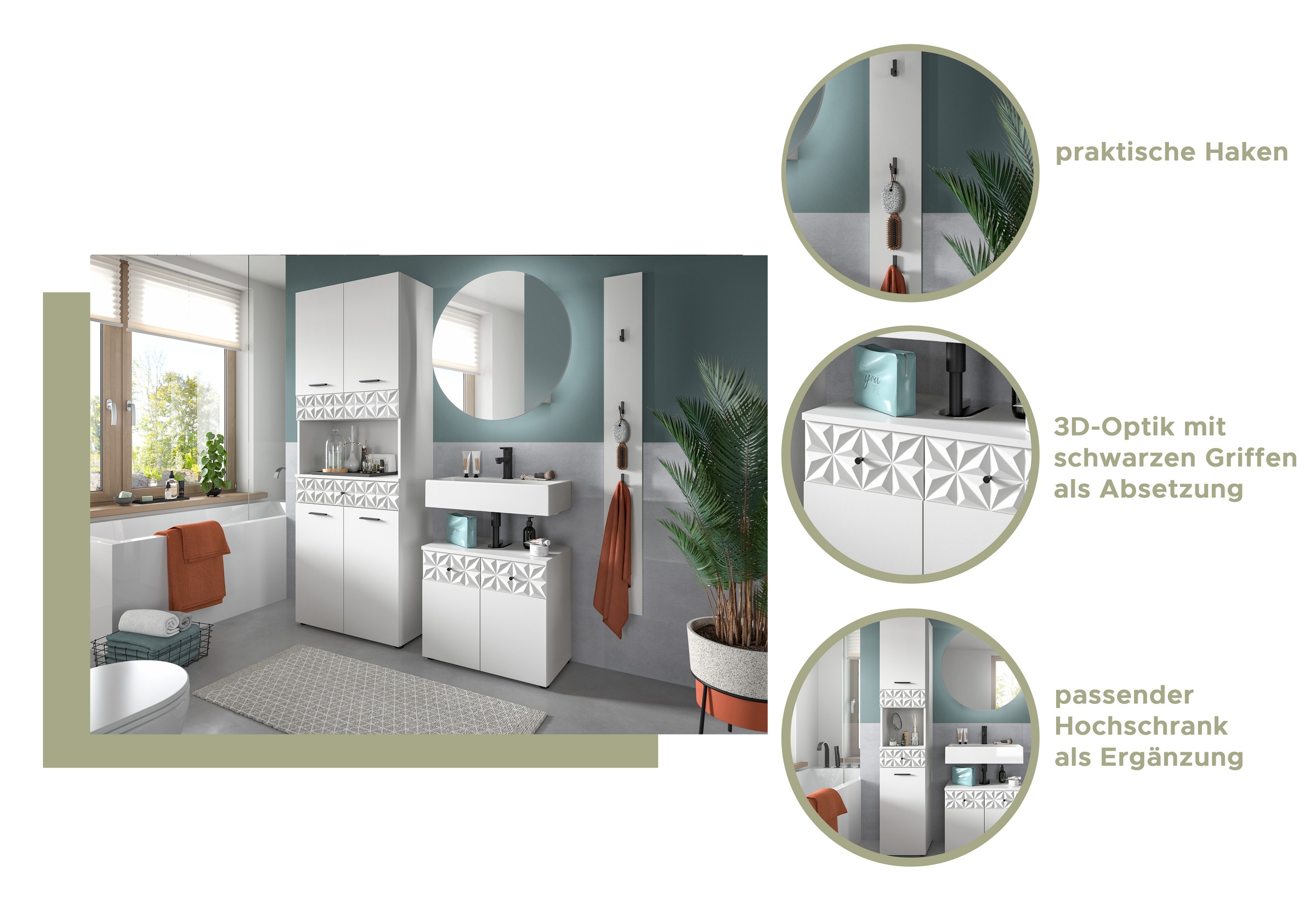 INOSIGN Badezimmer-Set »VICENZA, TOPSELLER!, Breite 195cm, 4-teilig, mit Ornamentabsetzung«, (Hochschrank, Waschbeckenunterschrank, Spiegelschrank & Unterschrank), Hochschrank, Waschbeckenunterschrank, Spiegelschrank und Unterschrank