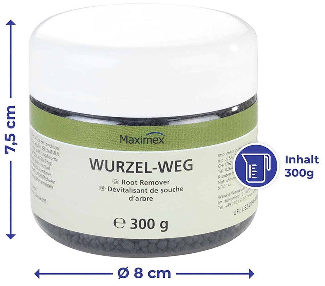 Maximex Unkrautbekämpfungsmittel »Wurzel-weg«, (Set, 3 St.), Wurzelentferner, beschleunigt Zersetzung von Baumstümpfen und Holz