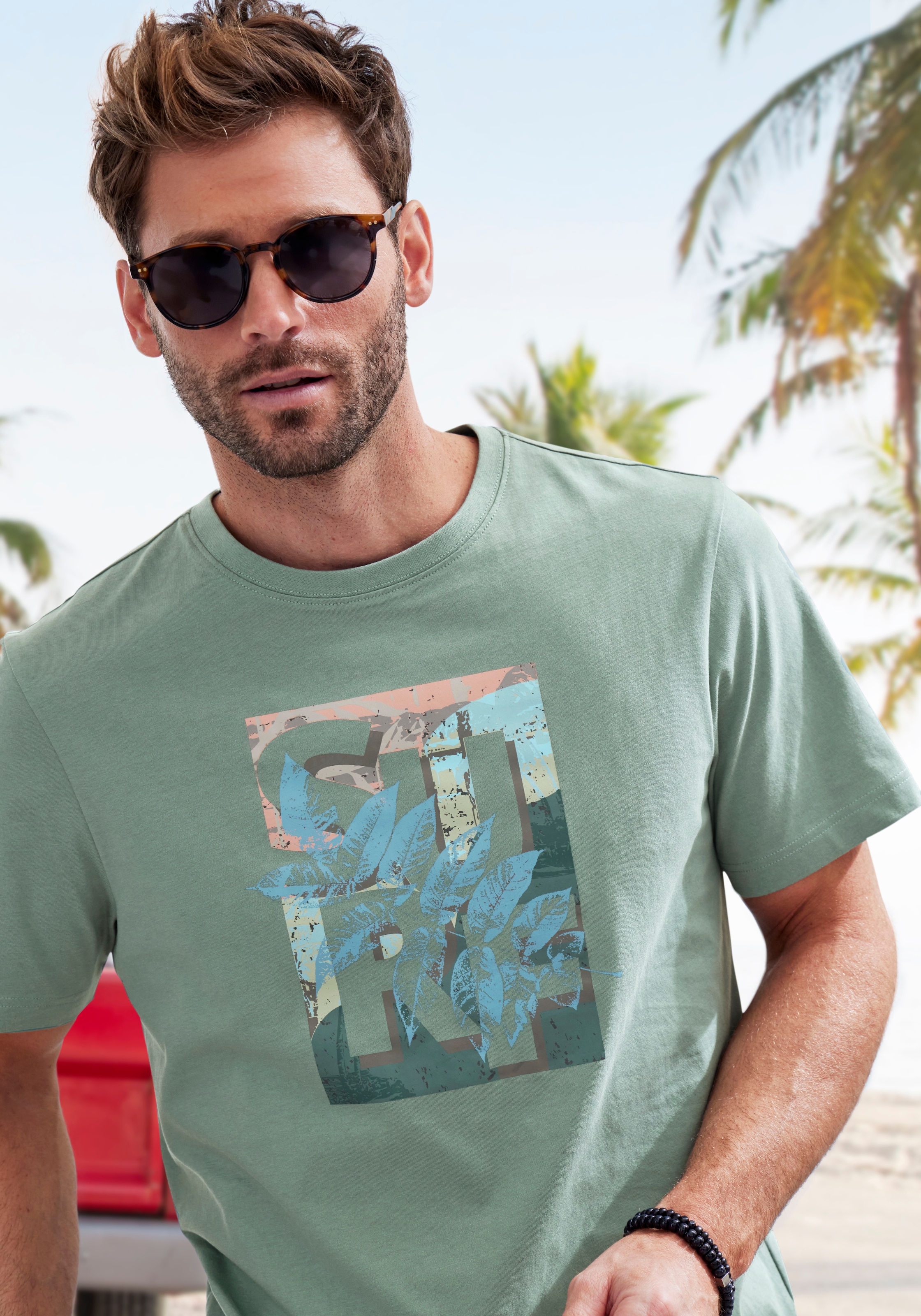 John Devin T-Shirt, Rundhalsshirt mit Surf -Aufdruck aus reiner Baumwolle