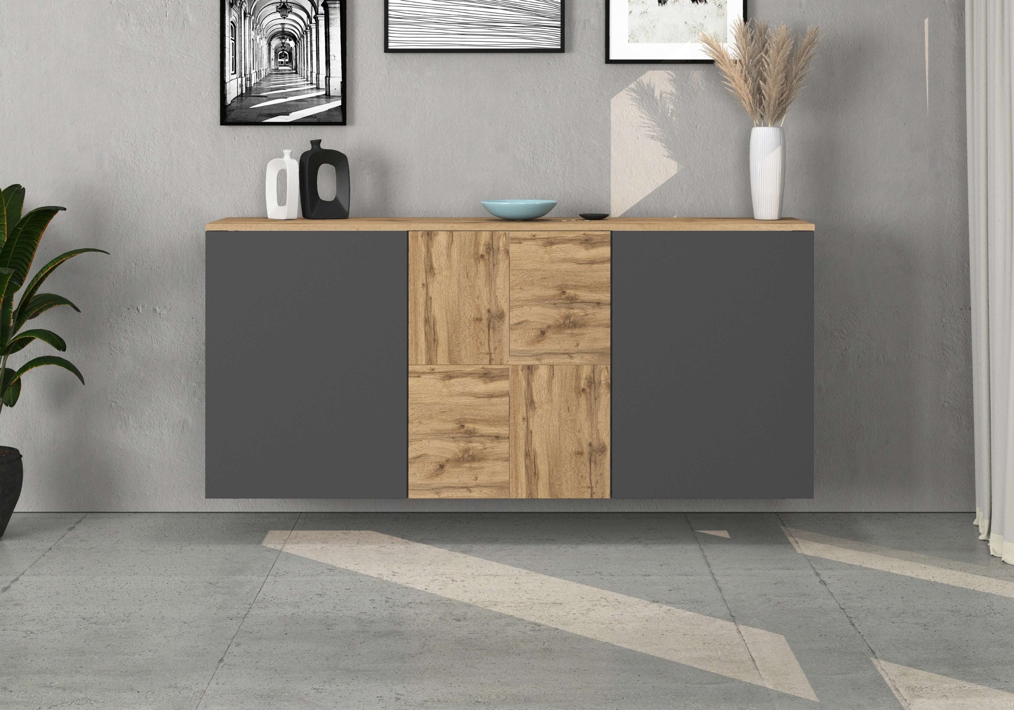 OTTO home Sideboard »ISEO, Kommode, Schrank, Sideboard, Lowboard, 6 Fächer, Breite 150 cm« 1 Stk. tlg. stehend/hängend, 3 Türen, 6 Fächer, Breite 150 cm