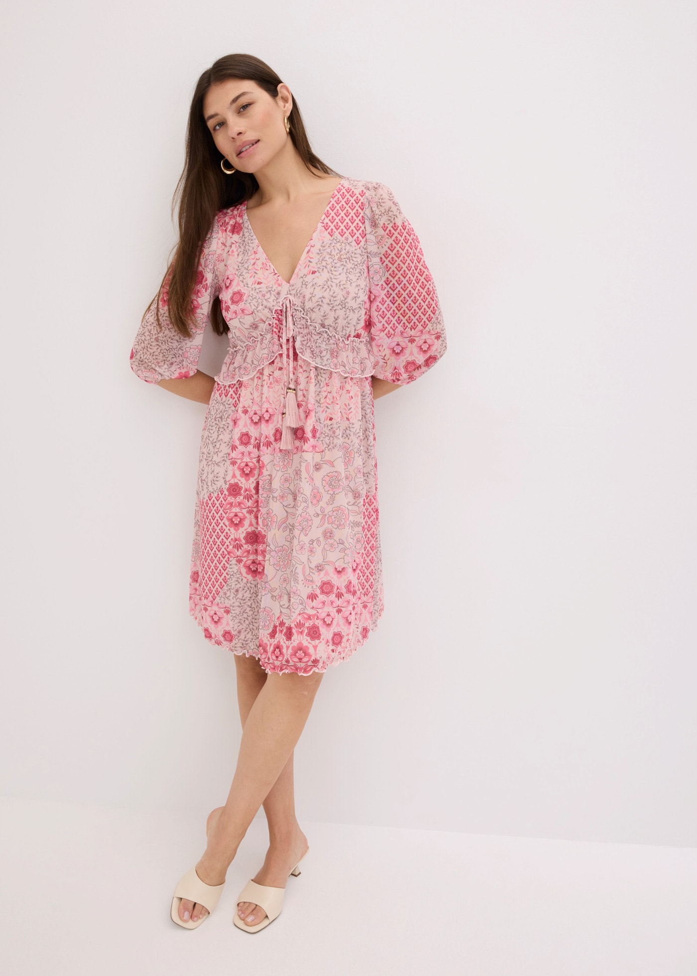 bonprix Tunikakleid lockerer Schnitt, mit Bindeband in der Taille, 3/4-Ärmel, Mesh