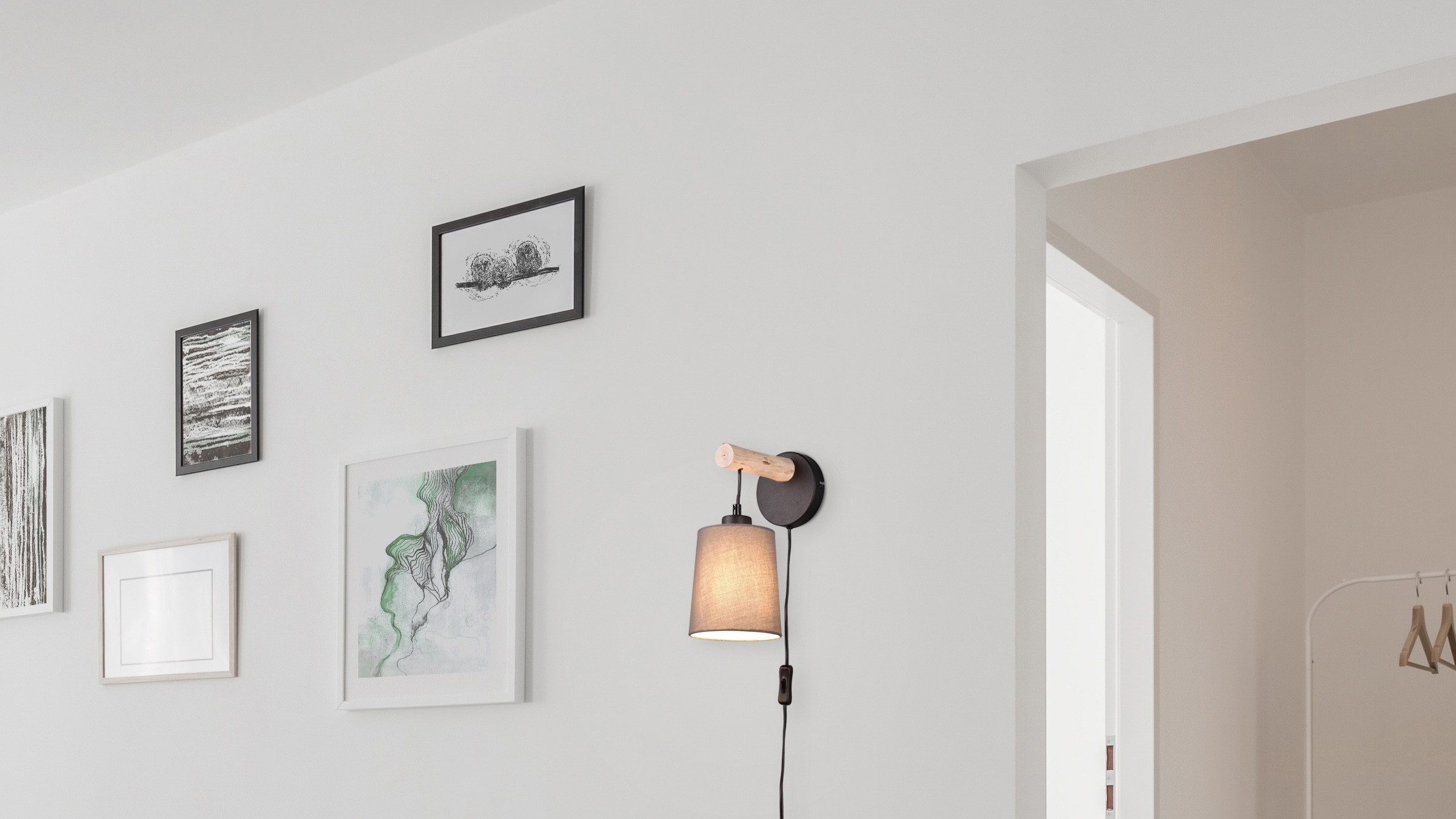 andas Wandleuchte »Pitholm«, 1 flammig, Leuchtmittel E27 | ohne Leuchtmittel, Wandlampe aus naturbelassenem Echtholz mit Stoffschirm, FLEX Connect