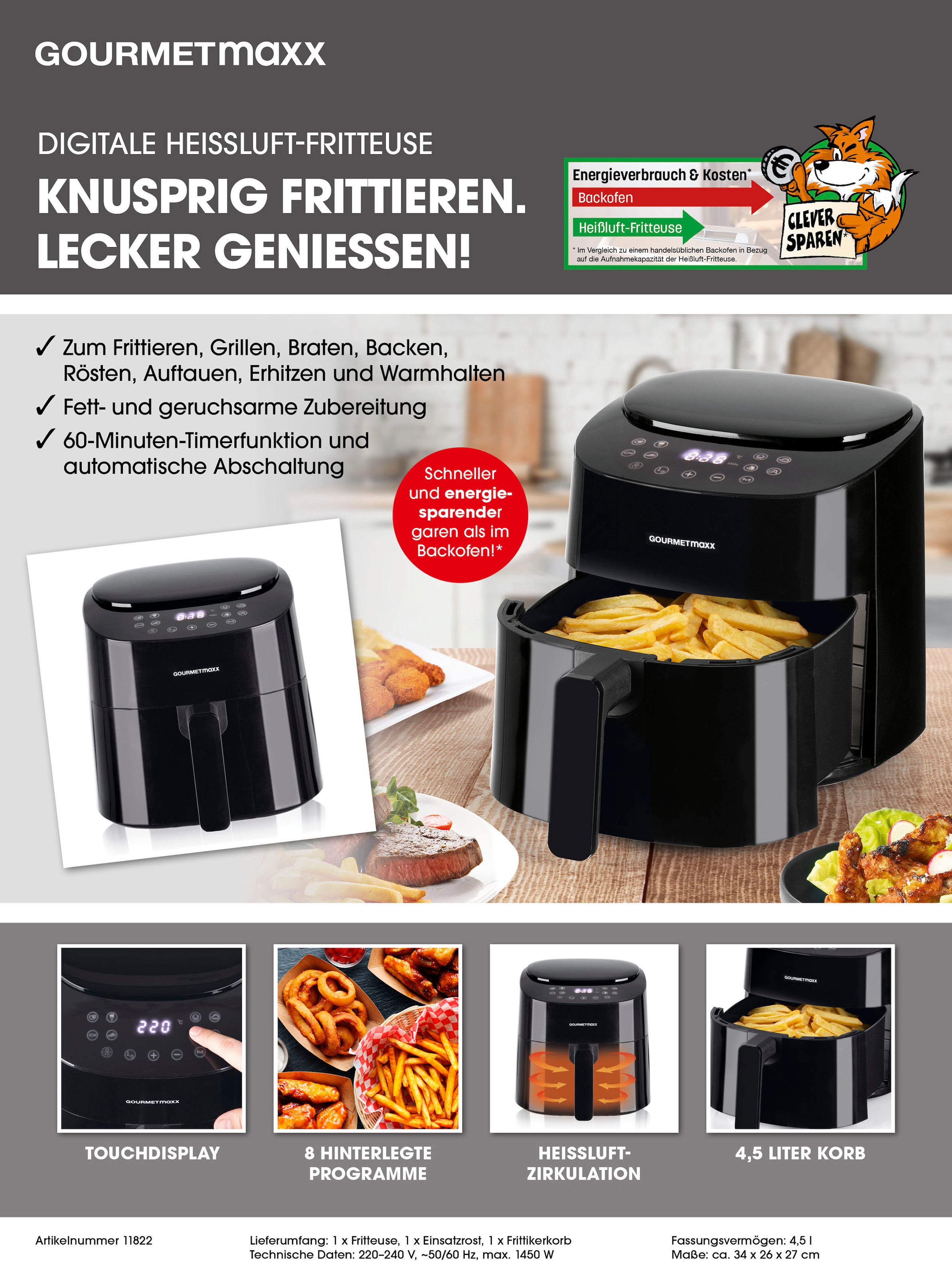 GOURMETmaxx Heißluftfritteuse »Digital 4,5l, schwarz, 11822«, 1450 W