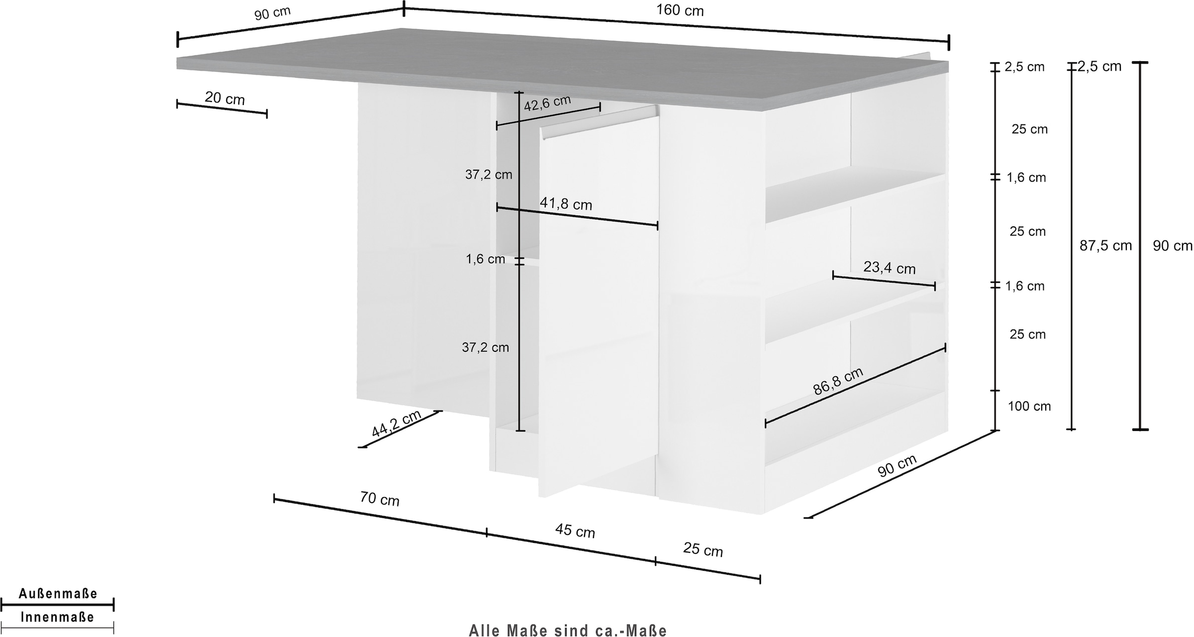 Kochstation Kücheninsel »KS-Sole«, Breite 160 cm, 2 Türen, 4 offene Fächer