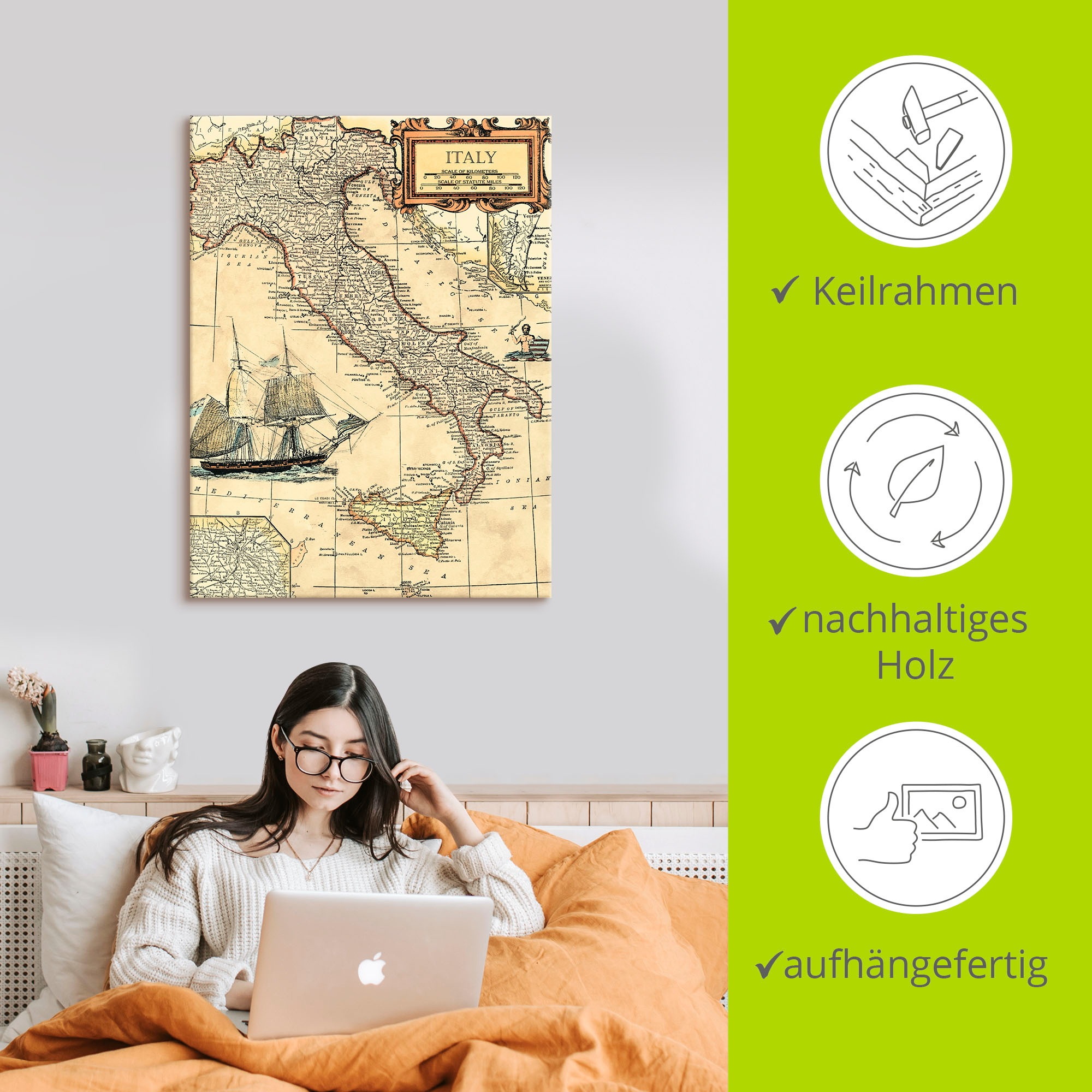 Artland Wandbild »Italienkarte«, Landkarten, (1 St.), als Leinwandbild, Poster in verschied. Größen