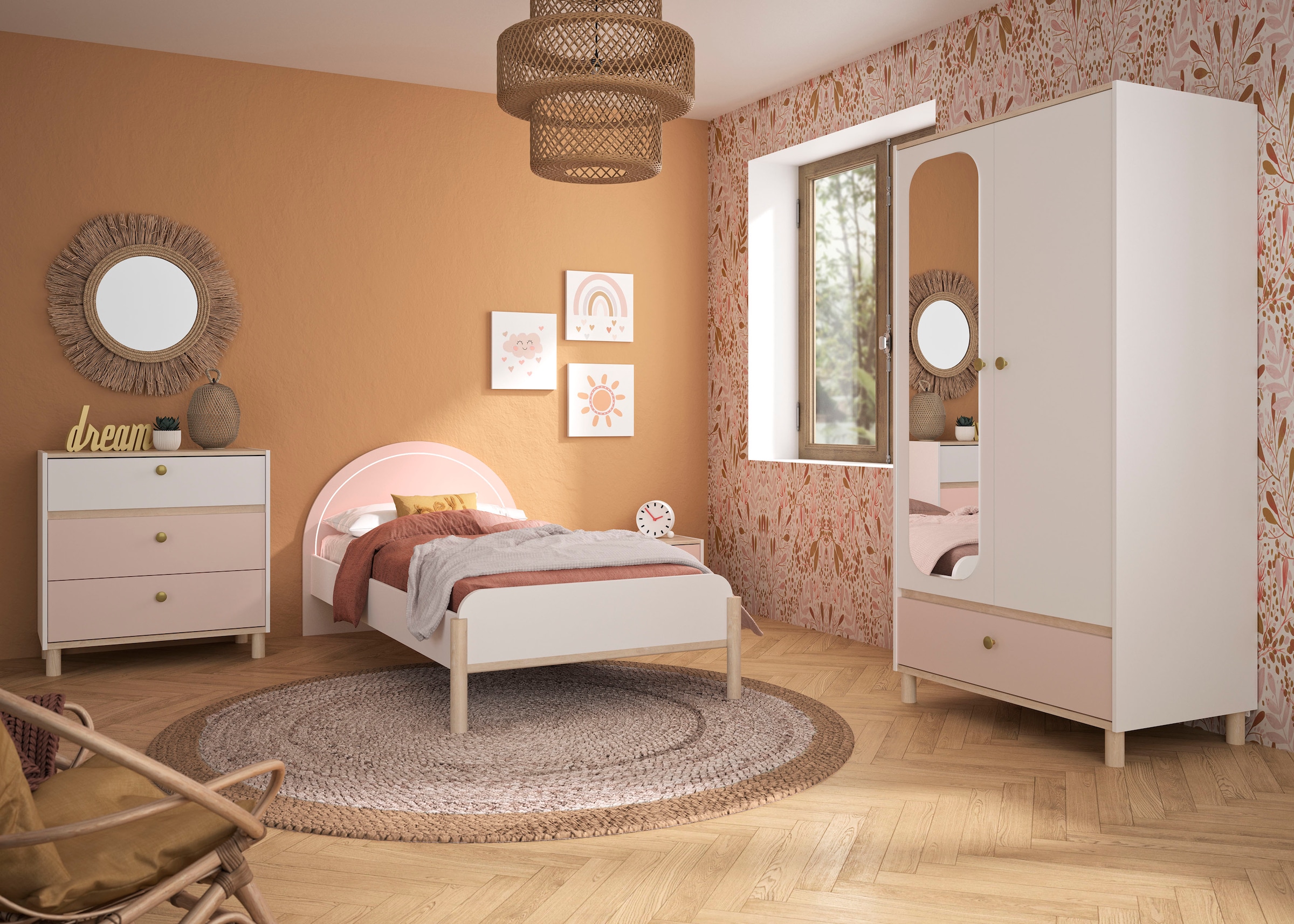 Gami Jugendbett »Einzelbett, Kinderbett, mit LED-Beleuchtung am Kopfteil, 90x200 cm«, Elegantes Design für eine sanfte und feminine Atmosphäre.