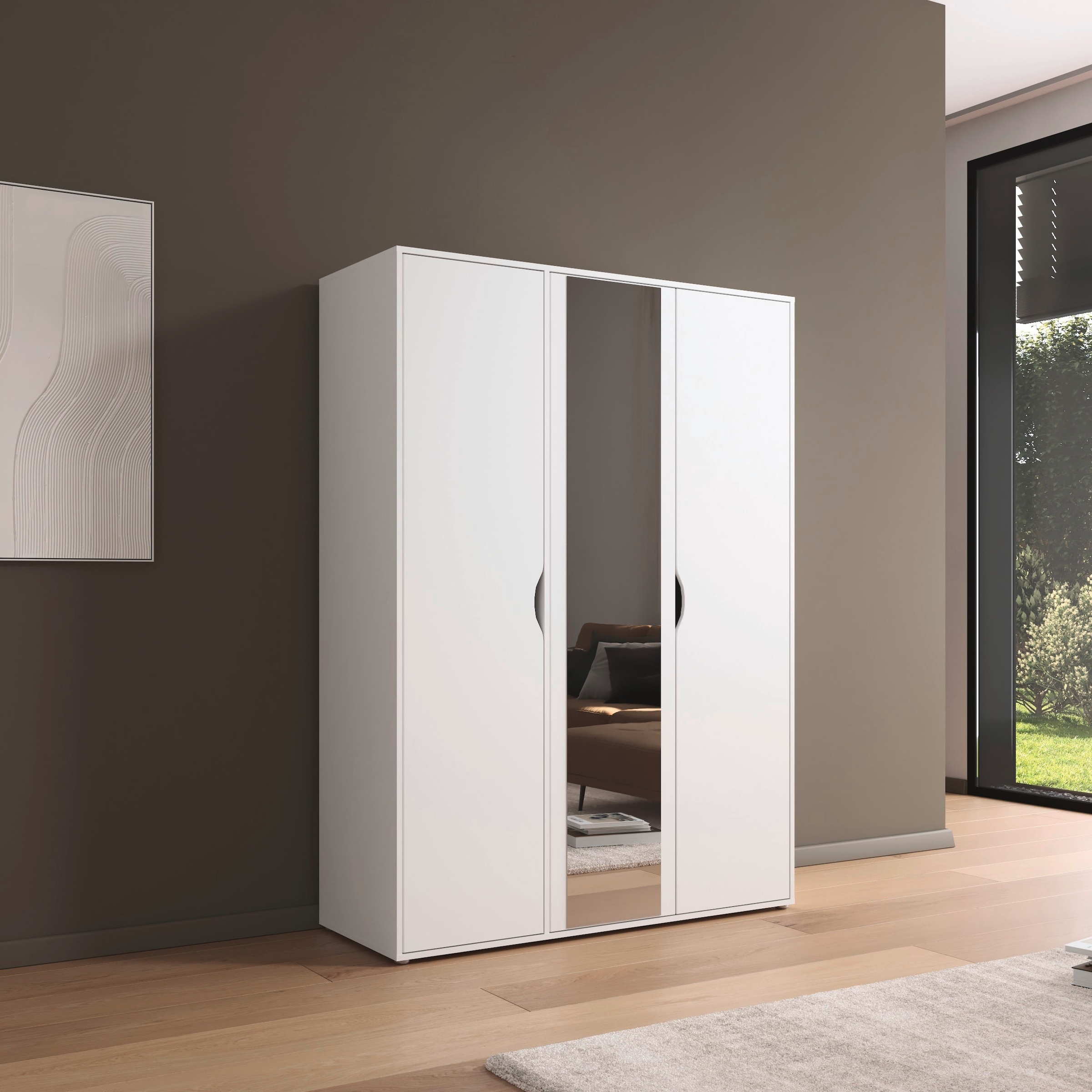 rauch Drehtürenschrank »Kleiderschrank Schrank Garderobe Wäscheschrank NARAI mit Spiegel« in 3 verschiedenen Ausstattungen BASIC/CLASSIC/PREMIUM,  Griffausfräsungen für eine grifflose Optik TOPSELLER MADE IN GERMANY