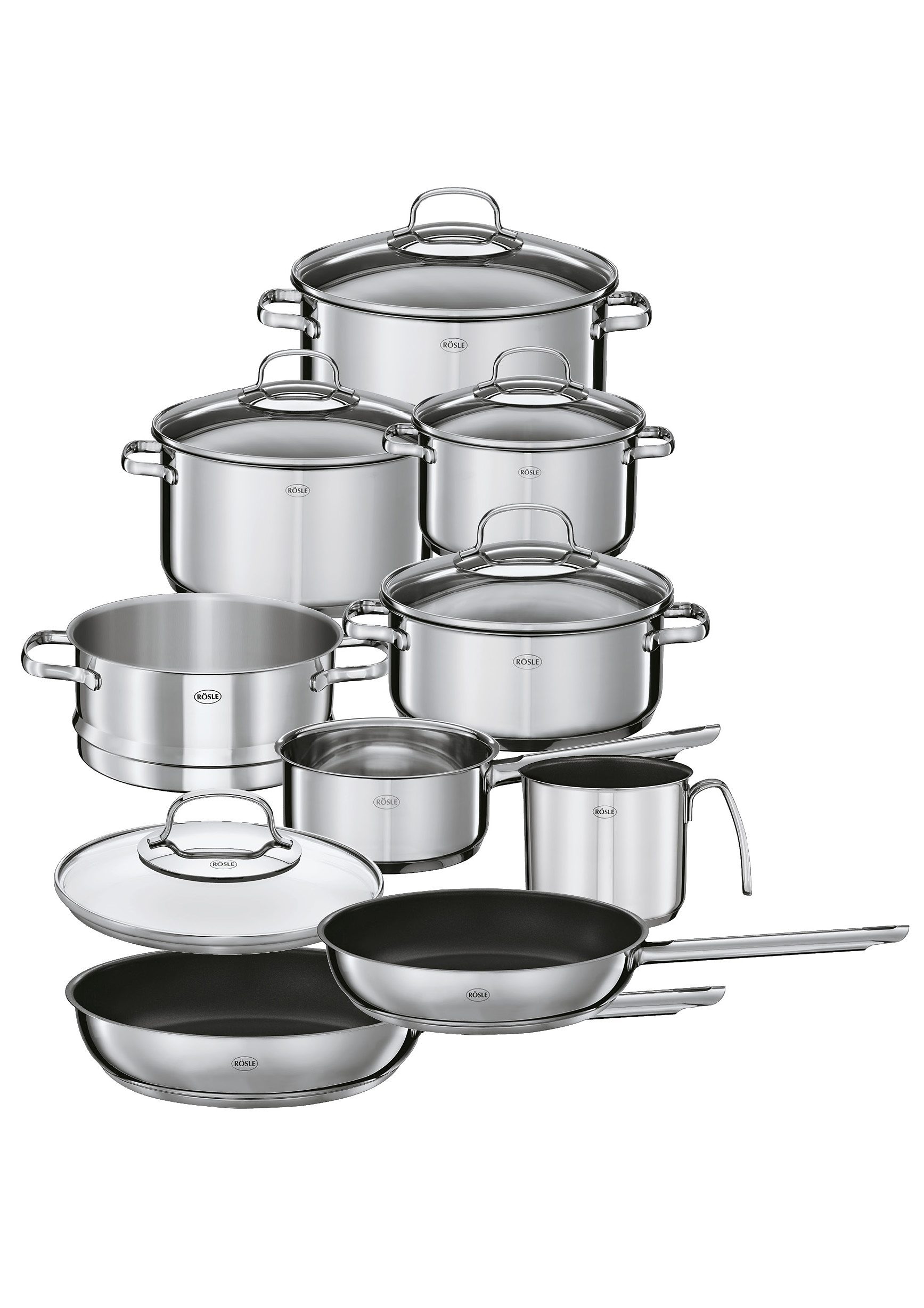 RÖSLE Topf-Set "ELEGANCE" Set, Bratentopf 20cm, Kochtopf 16/20/24 cm, Kasserolle 16cm, Pfanne 24/28cm, 14 Stk. tlg. Edelstahl 18/10