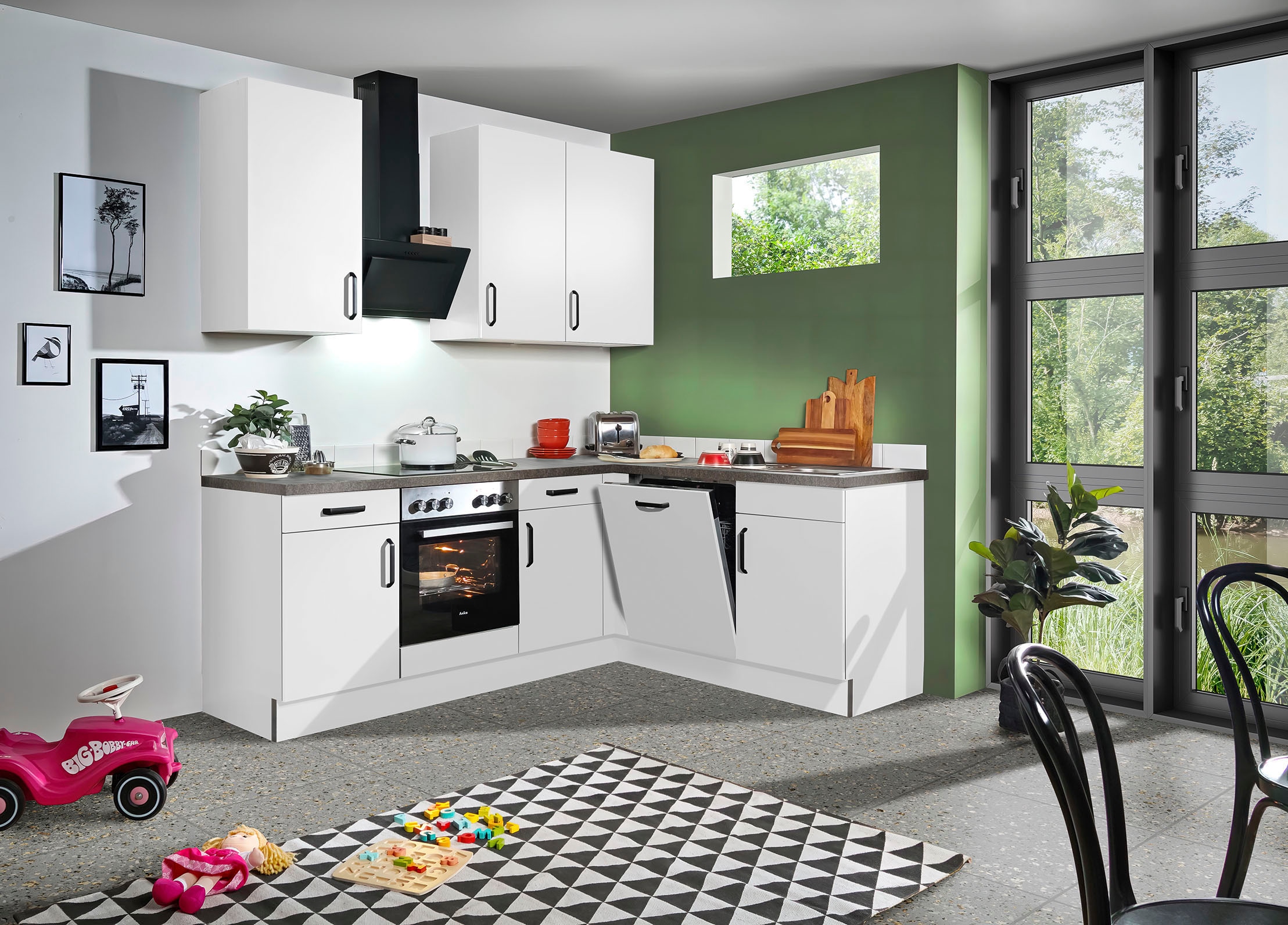 wiho Küchen Winkelküche »"Simi", mit verstellbaren Füßen, wahlweise mit E-Geräten,«, Soft-Close-Funktion in Schubkästen & Auszügen, Stellbreite 225/175 cm