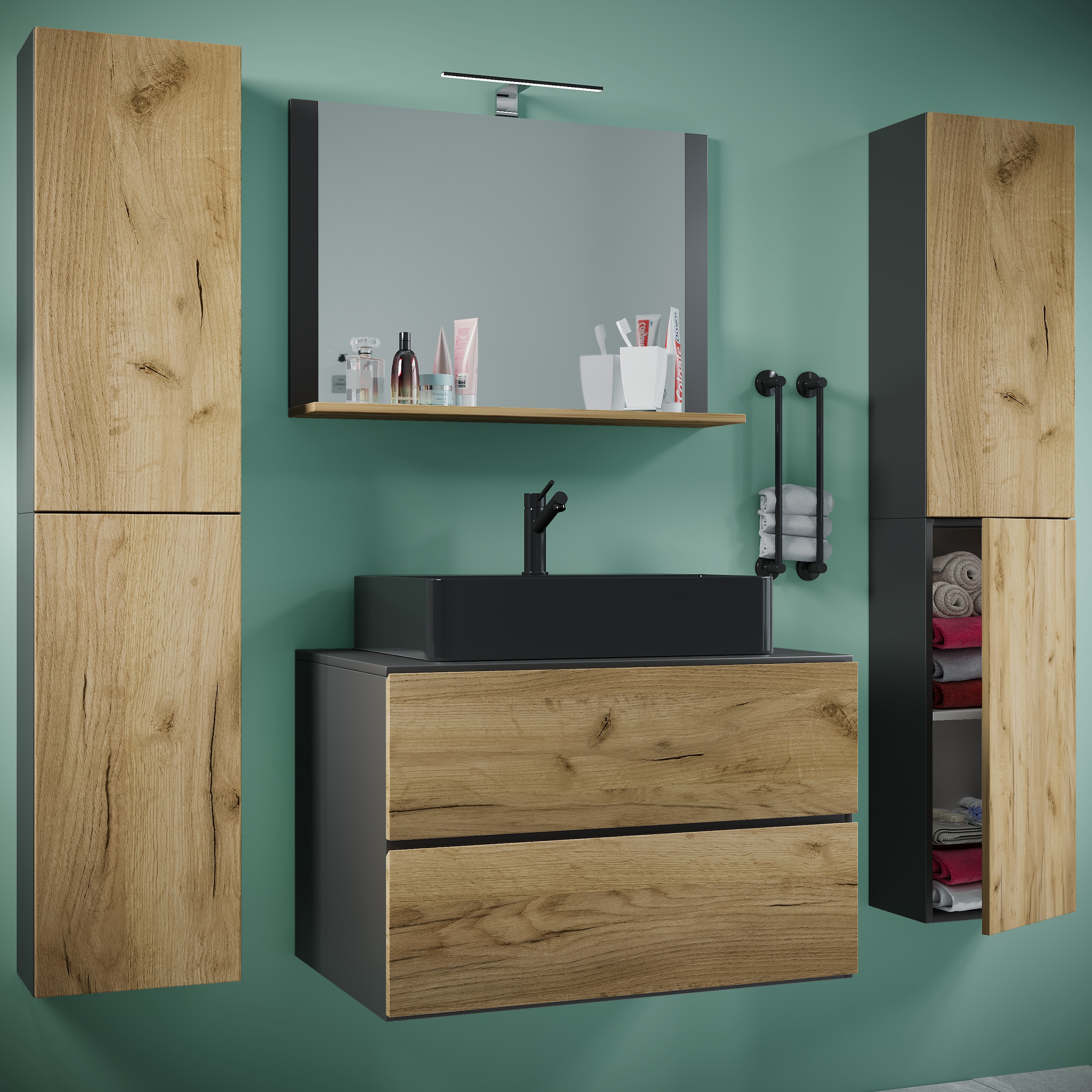 VCM Waschbeckenunterschrank »VCM 5-tlg. Waschplatz Waschtisch Badmöbel Set Waschbecken Lendas BL Breite 80 cm XL Schublade«, (5 St.)