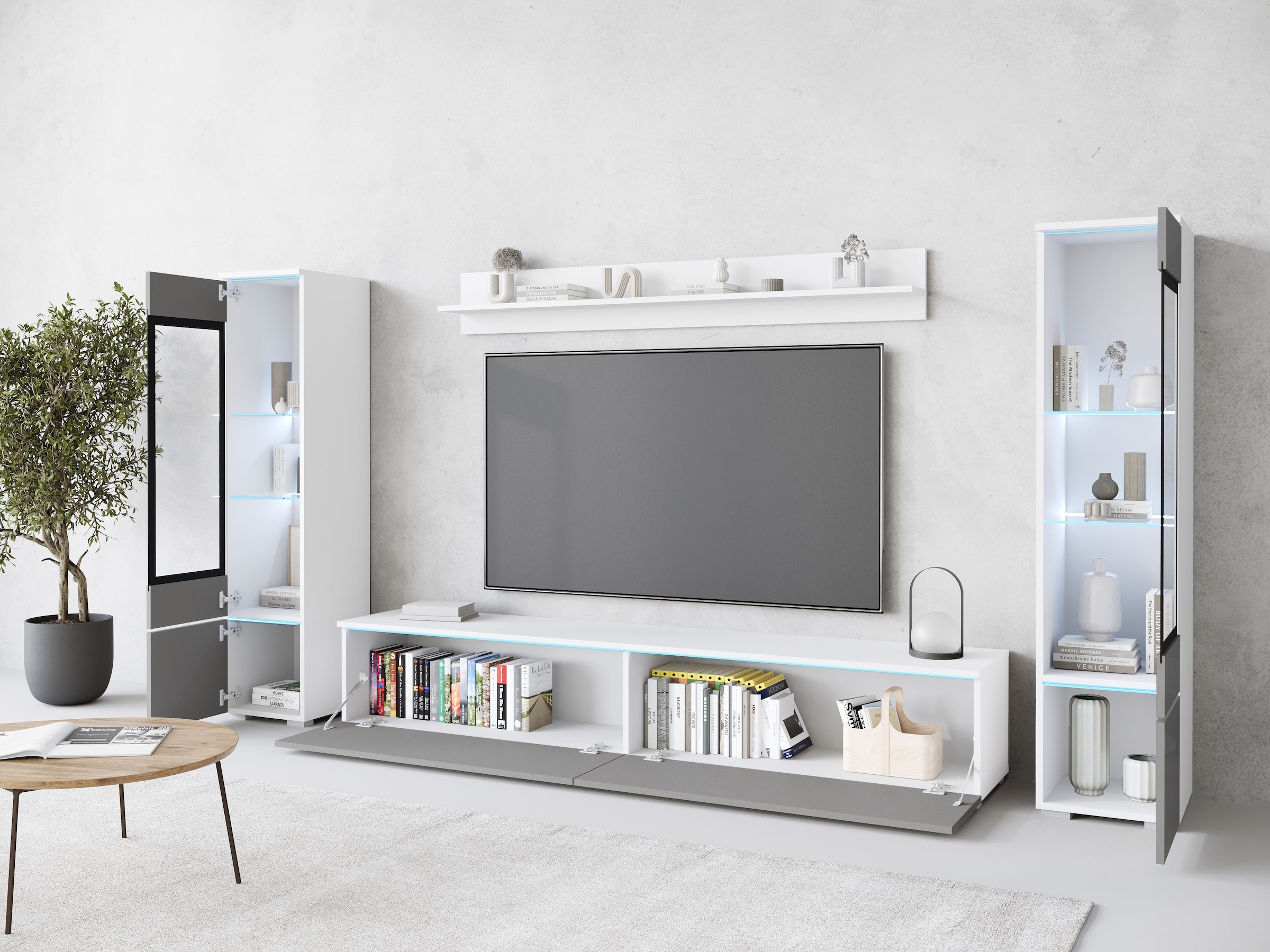 INOSIGN Wohnwand »VERA II, Vitrinen Türanschlag wechselbar«, (Komplett-Set, 4 St.), Mediawand 260 cm, Vitrine mit Verglasung, stehend und hängend