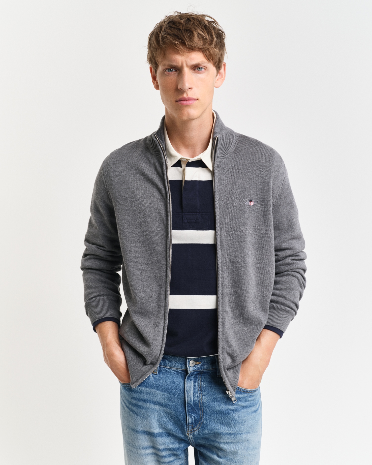 Gant Cardigan »CASUAL COTTON ZIP CARDIGAN«, Mit Rippbündchen an Stehkragen, Ärmeln und Saum