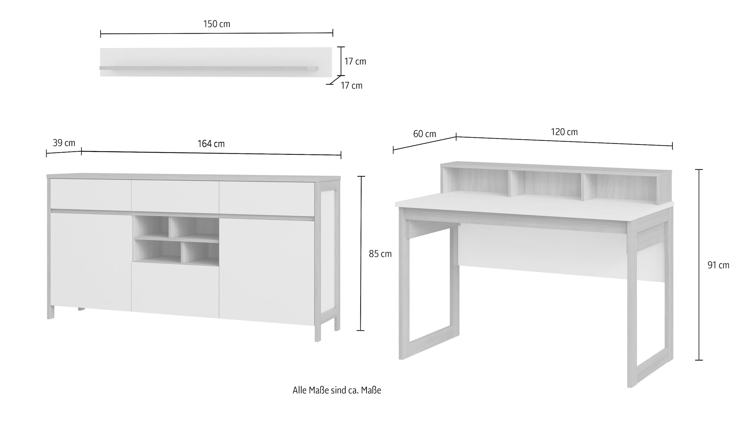 Home affaire Büromöbel-Set »Stranda im Scandi-Style, Home Office, Büro in zwei Farben verfügbar« 3 Stk. tlg. enthält Schreibtisch, Sideboard und Wandboard