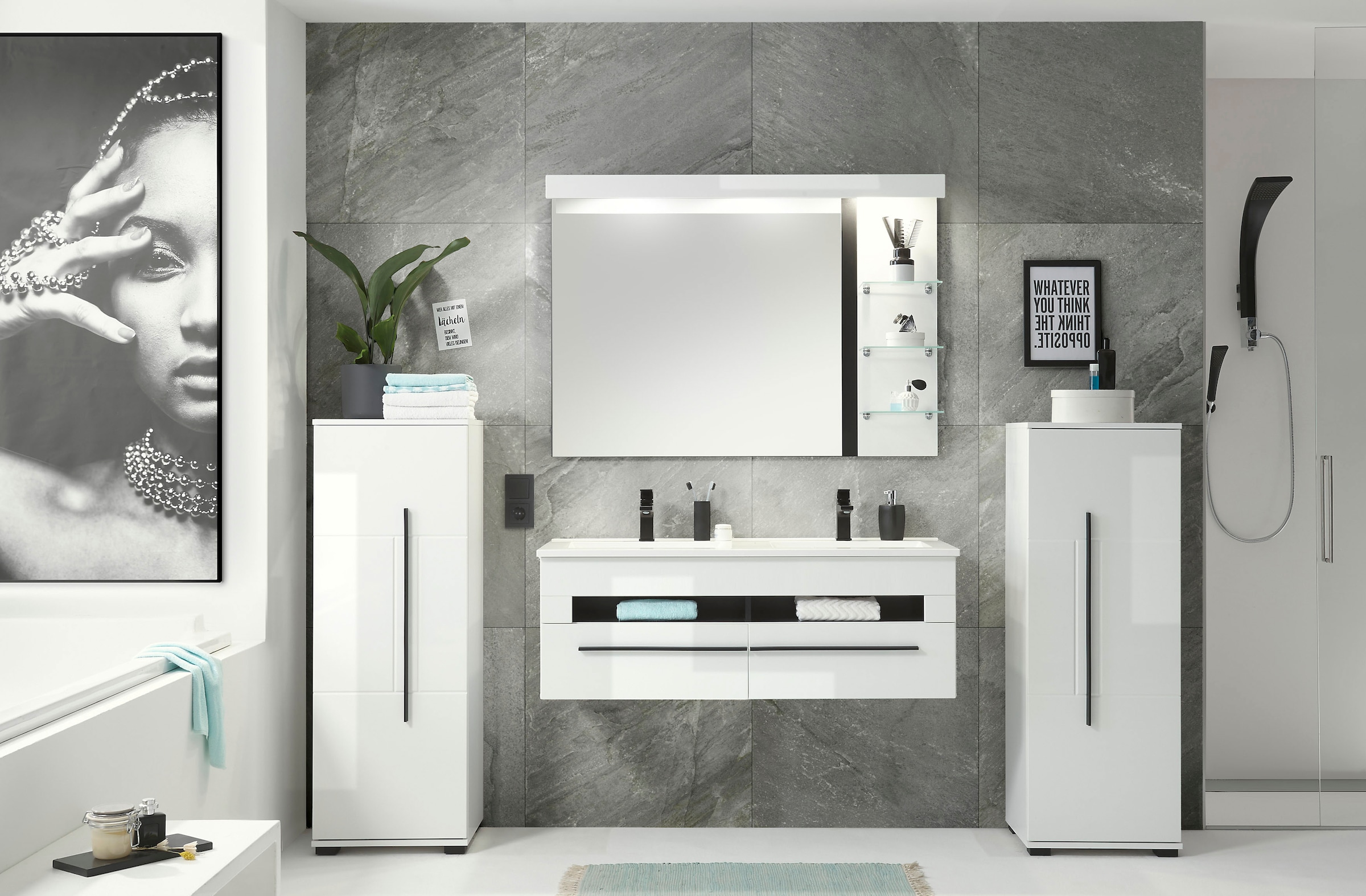 Home affaire Midischrank »Cantara, Badschrank in Hochglanz Weiß, Schrank im modernen Design« mit schwarzen Griffen, ausreichend Stauraum