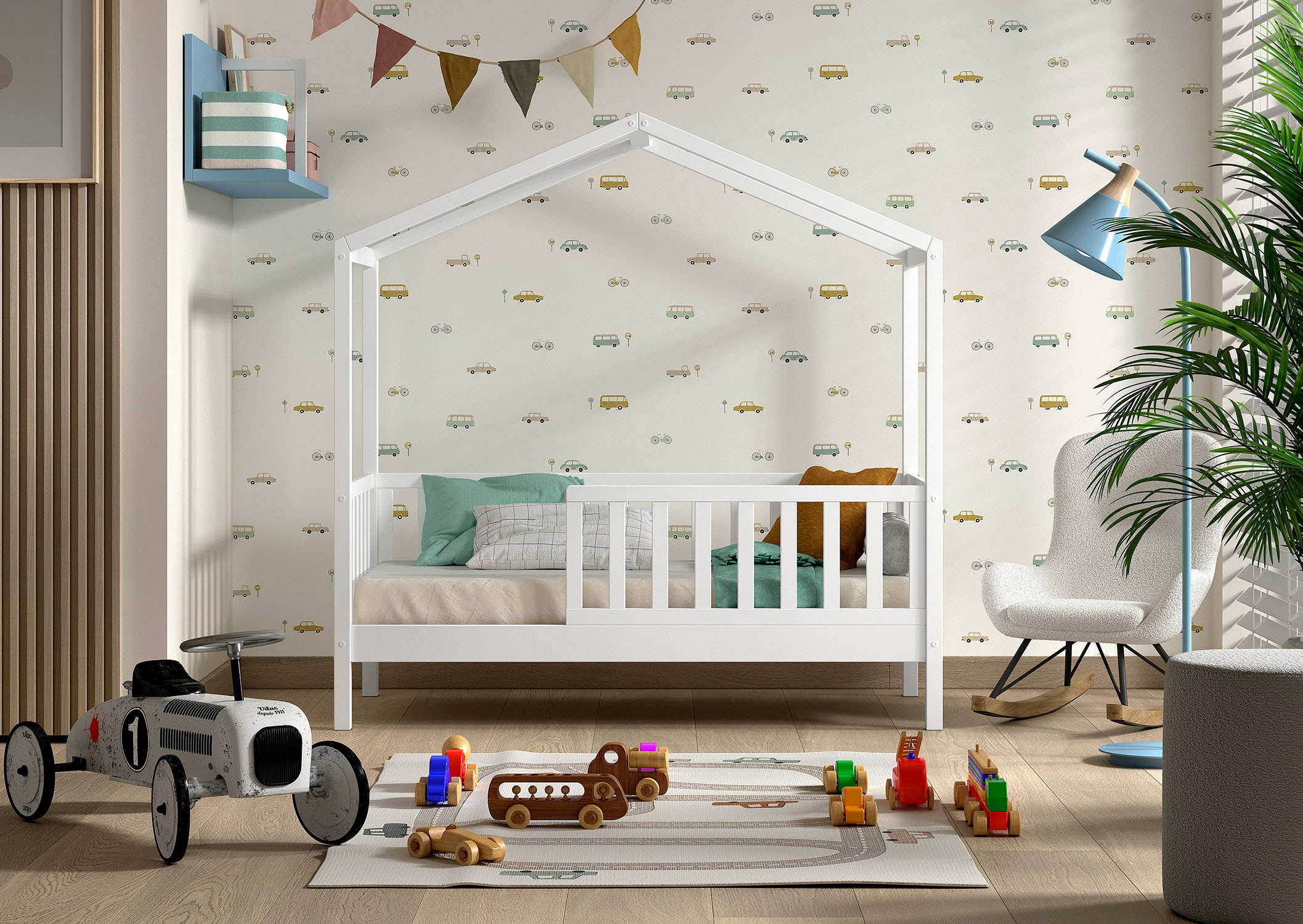 Home affaire Hausbett »Junior Hausbett 70/140, umlaufender Rausfallschutz, stabil gebaut«, (B/H/T ca. 148x150,6x75,8cm, in verschiedenen Farben erhältlich), inkl. Rolllattenrost und Dachaufbau