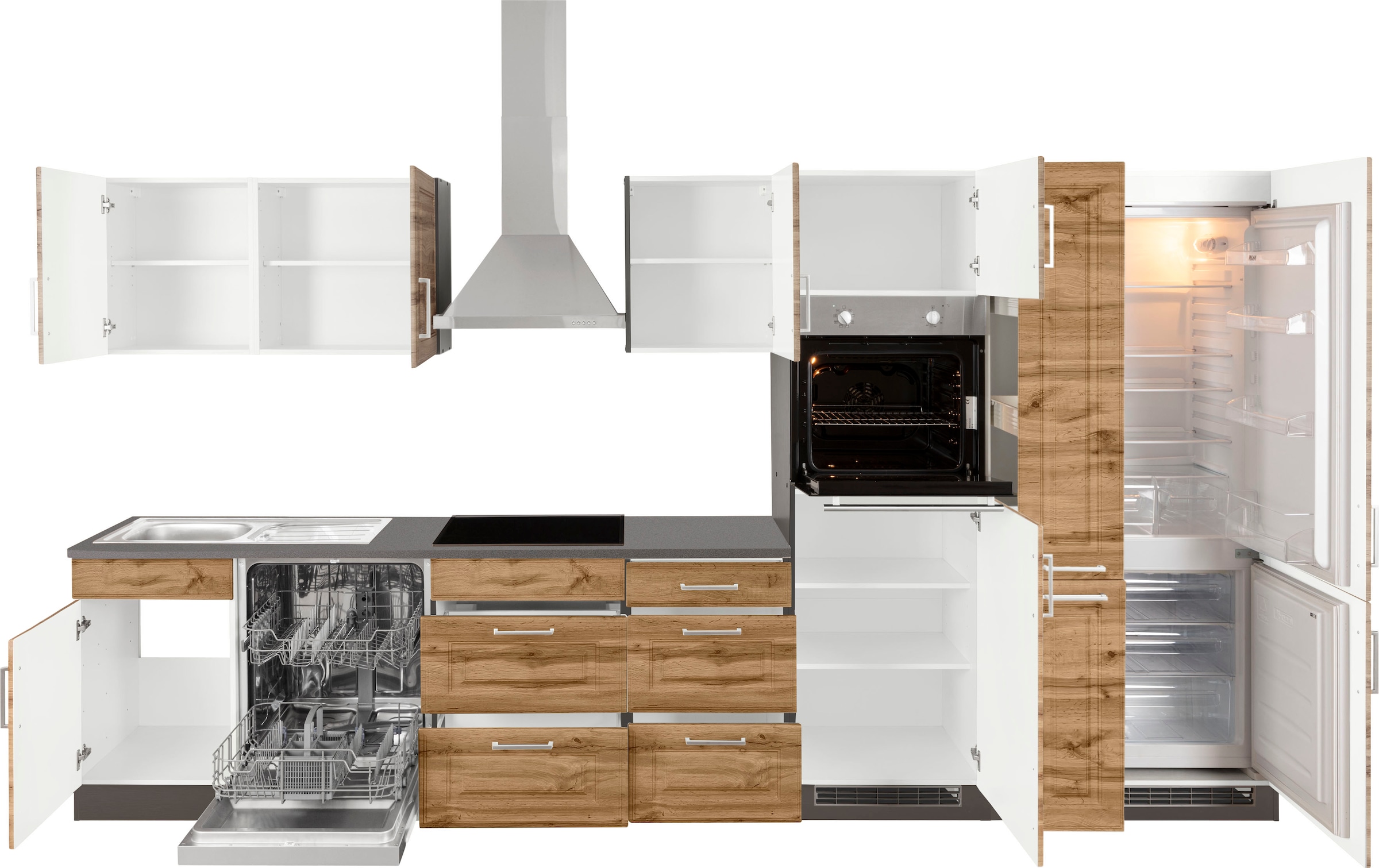 KOCHSTATION Küchenzeile »KS-Stockholm«, Breite 370 cm, mit hochwertigen MDF Fronten im Landhaus-Stil
