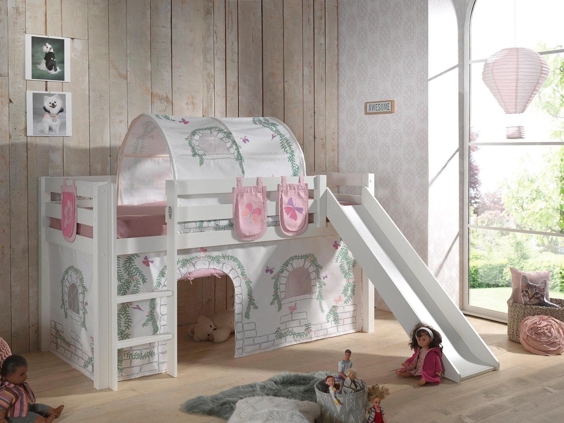 Vipack Hochbett »Pino, Spielbett massiv Kiefer, stabil gebaut, 3 Korpusfarben zur Wahl«, (inkl. Rolllattenrost, Leiter und Absturzschutz, mit oder ohne Rutsche), Textil-Set "Astronaut", inkl. Vorhang, mit oder ohne Tunnel