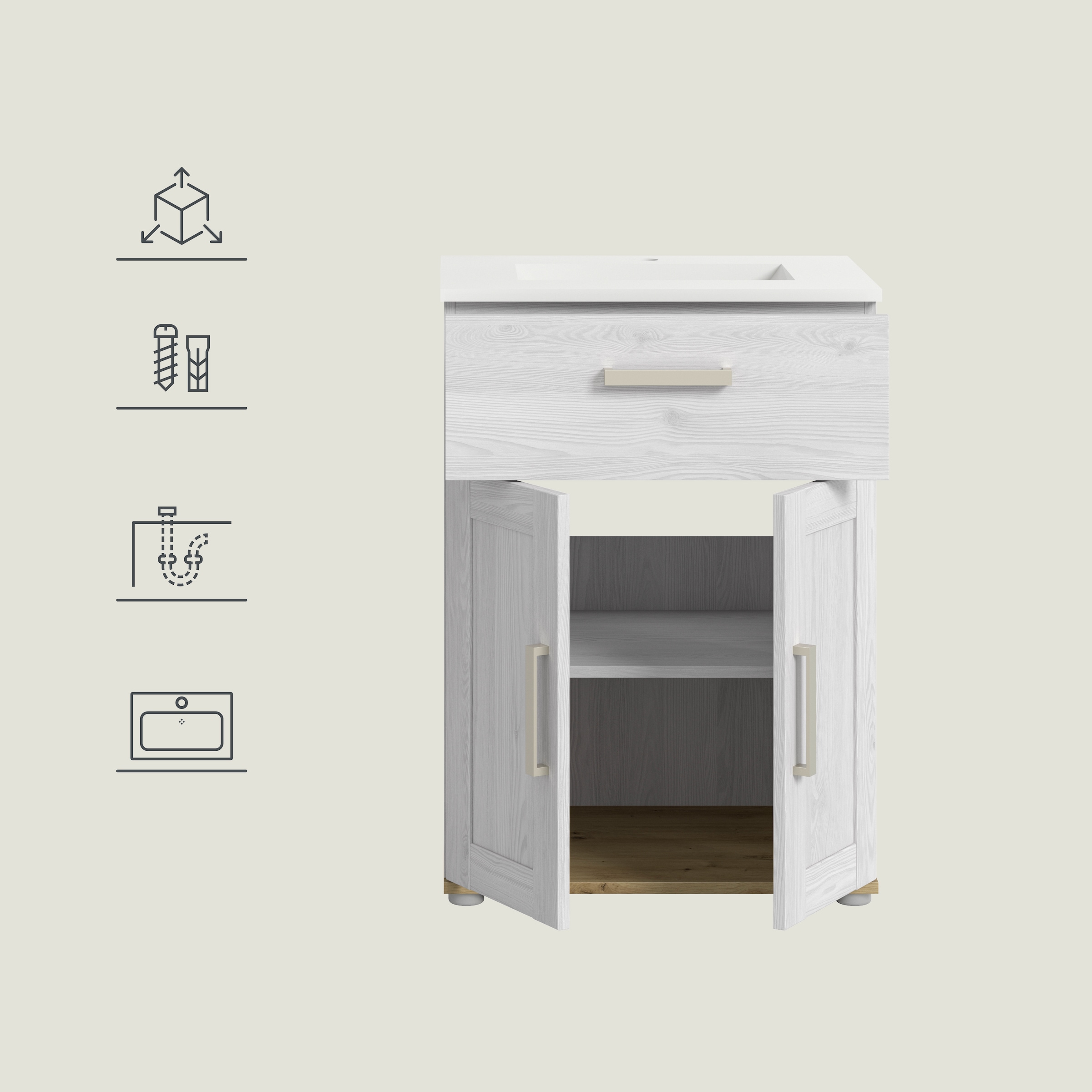 welltime Waschtisch »COSENZA, inkl. Keramik-Waschbecken, 2 Türen, 1 Schubkasten« in Landhausoptik, mit weiteren Artikel der Serie kombinierbar, 2 Stk. tlg. Waschbecken, Waschbeckenschrank, Badezimmer, Bad, Waschtisch, Kommode