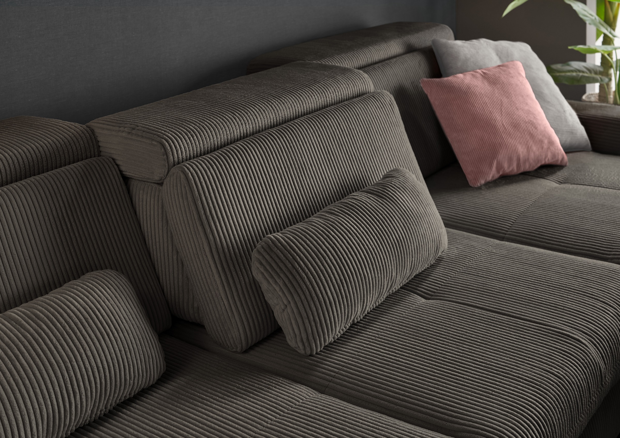set one by Musterring Ecksofa »SO 3400 Sitzhöhe 47cm oder 49cm, Sitztiefe verstellbar, B/T: 307/195cm«, whlw. mit Funktion, Kaltschaum, in Cord, anthrazit, Sitzhöhe 47