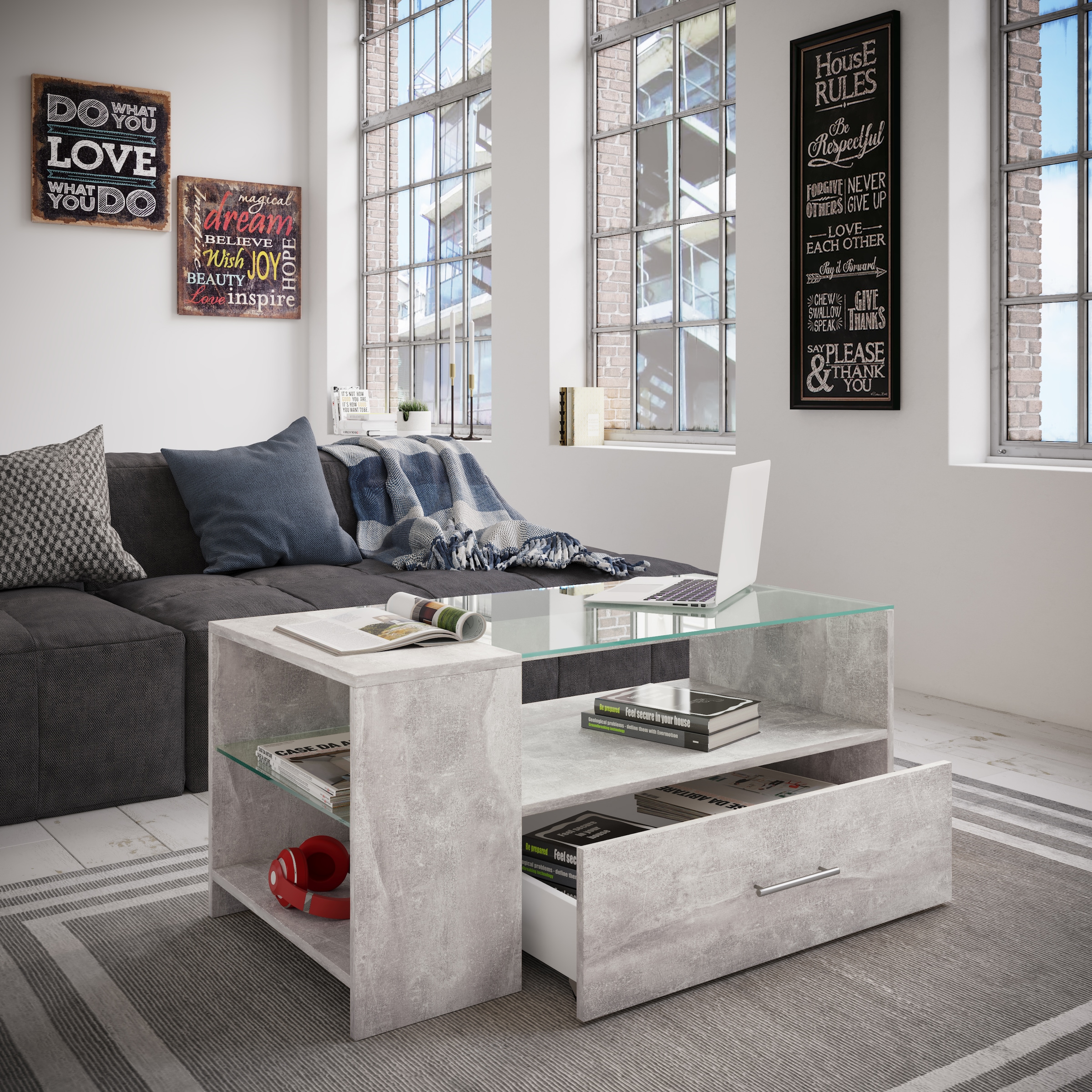 VCM Beistelltisch »Holz Sofatisch Couchtisch Schublade Glas Tindala«