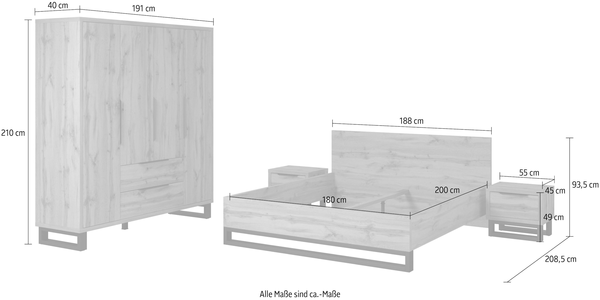 Home affaire Schlafzimmer-Set »Bronne,Komplettschlafzimmer (Set,4-St)«, Schlafzimmer-Set, Schrank 191cm breit, 2xNachtische, Bett180/200cm