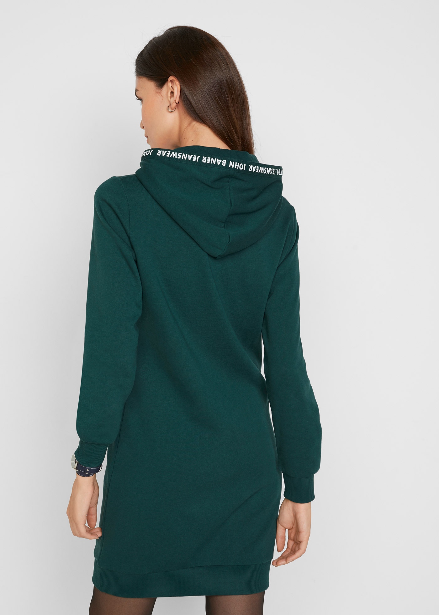 bonprix Sweatkleid Kängurutasche mit Kängurutasche, Kapuze und coolen Schriftzügen