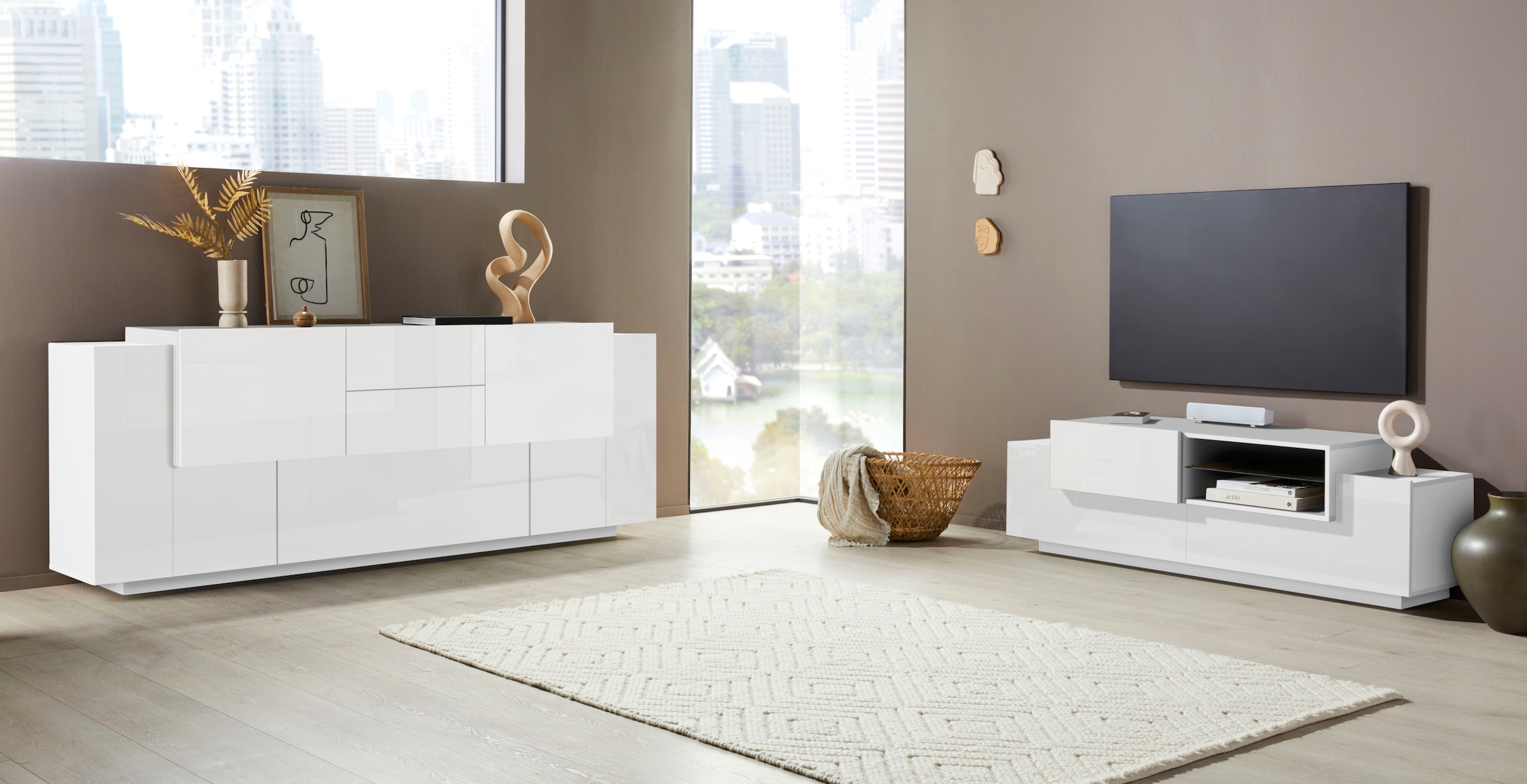 INOSIGN Sideboard »Coro, Kommode, Schrank, Kredenz, grifflos mit Einlegeböden«, 1 Klappe,4 Türen,2 Schubkästen Doppeltiefe, Breite 220