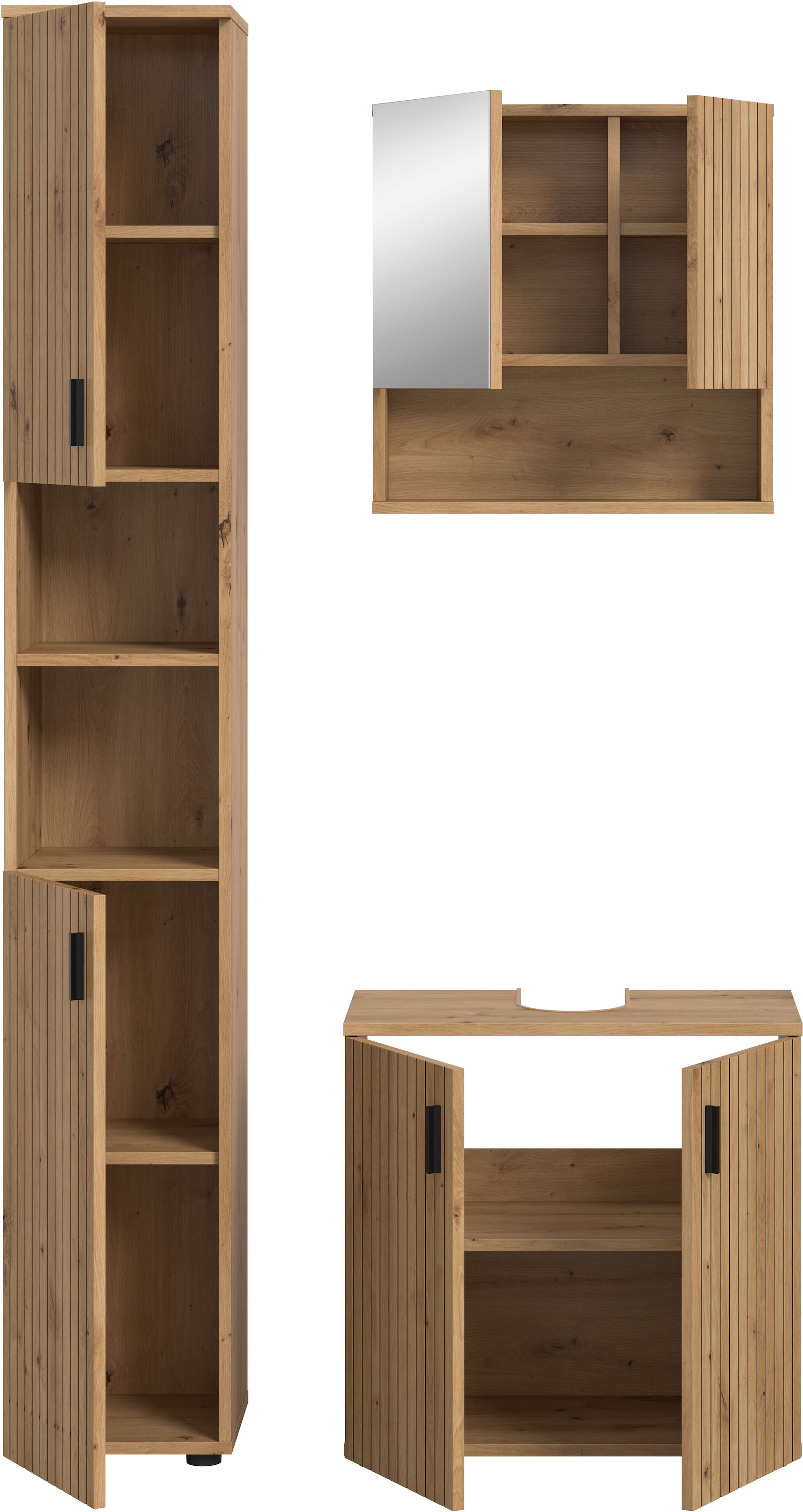 welltime Badmöbel-Set »MANI, 3-tlg. Badkombination, Paneeloptik« Set, Set, best. aus:1Badschrank, 1Waschbeckenunterschrank, 1Spiegelschrank, 3 Stk. tlg.