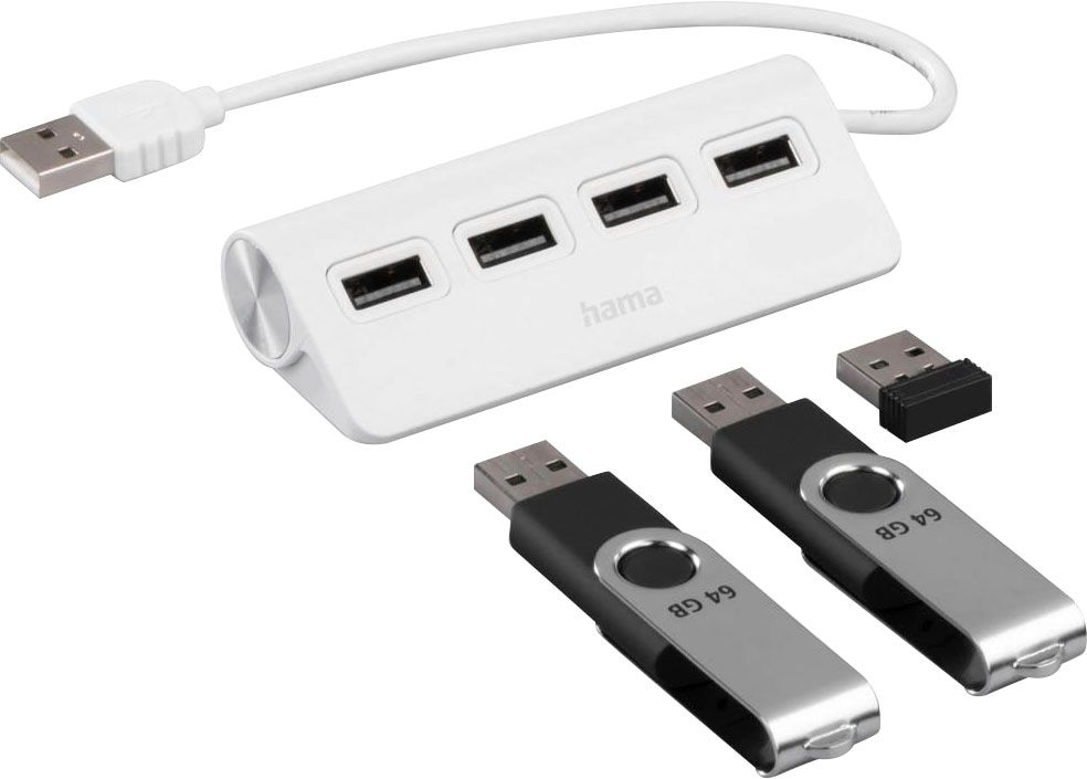 Hama USB-Adapter »USB-Hub mit 4 USB-A Ports, USB-A Stecker, 480 Mbit/s, 15 cm Kabellänge«, 15 cm, Verbinden von PC, Notebook, Tablet mit USB-Stick, Tastatur, Drucker