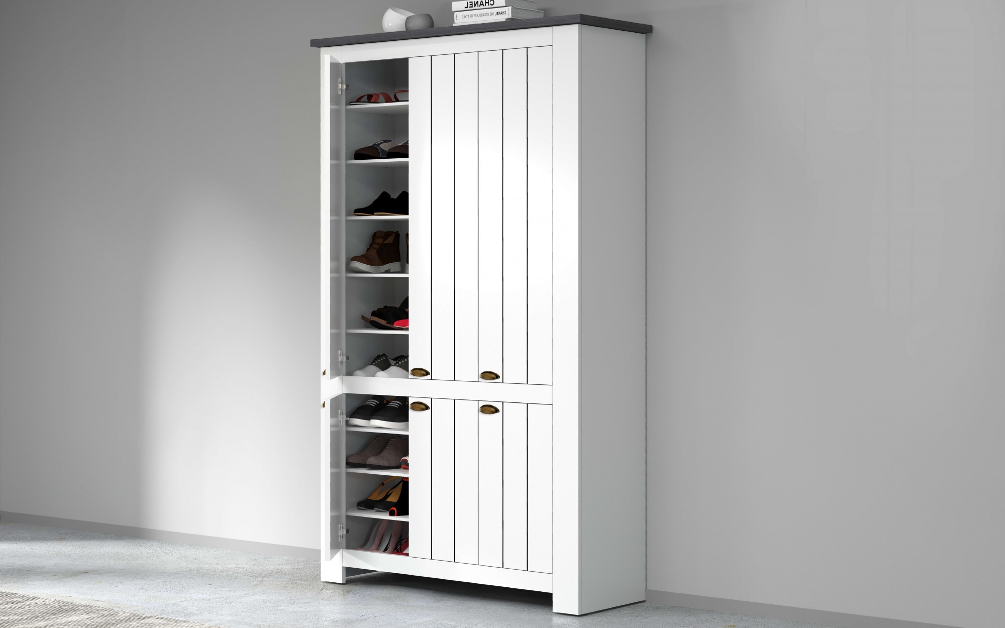 INOSIGN Schuhschrank »FIGO, Made in Italy – Schuhkommode,Schuhregal für ca. 60 Paar Schuhe«, (1 St.), 6-Türig, Siebdruck-dekorative Fräsungen, 20 Fächer, Höhe: 60 cm