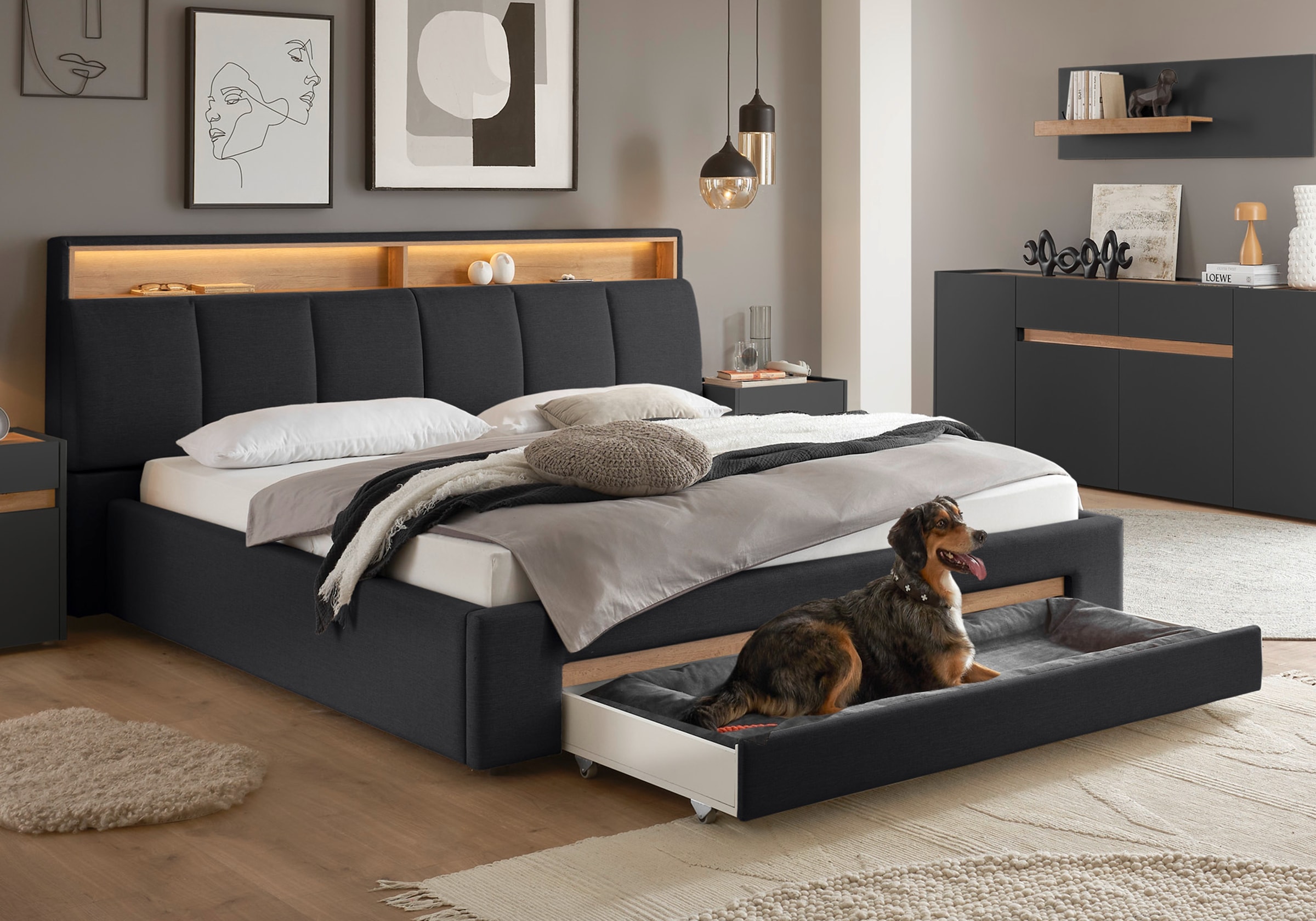 INOSIGN Polsterbett »CiTY/GiRON, gepolstertes Stauraumbett, mit LED Beleuchtung«, Bettkasten mit Hundebett oder als Stauraum, klappbare Kopfteile