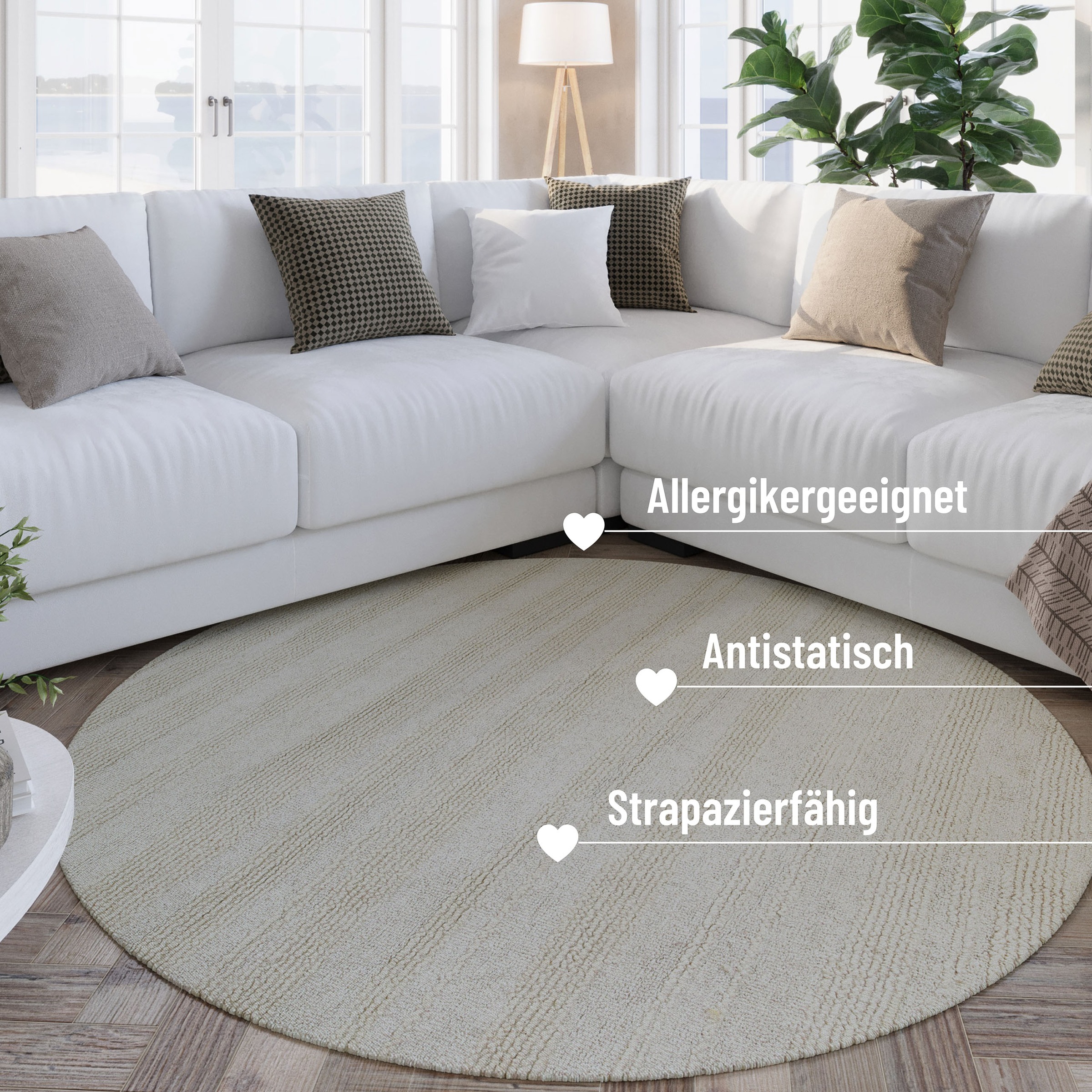 Wecon home Teppich »Hamptons TWENTYSEVEN«, rund, 15 mm Höhe, Kurzflor, Wohnzimmer, Schlafzimmer, elegant, robust, Linien-Muster