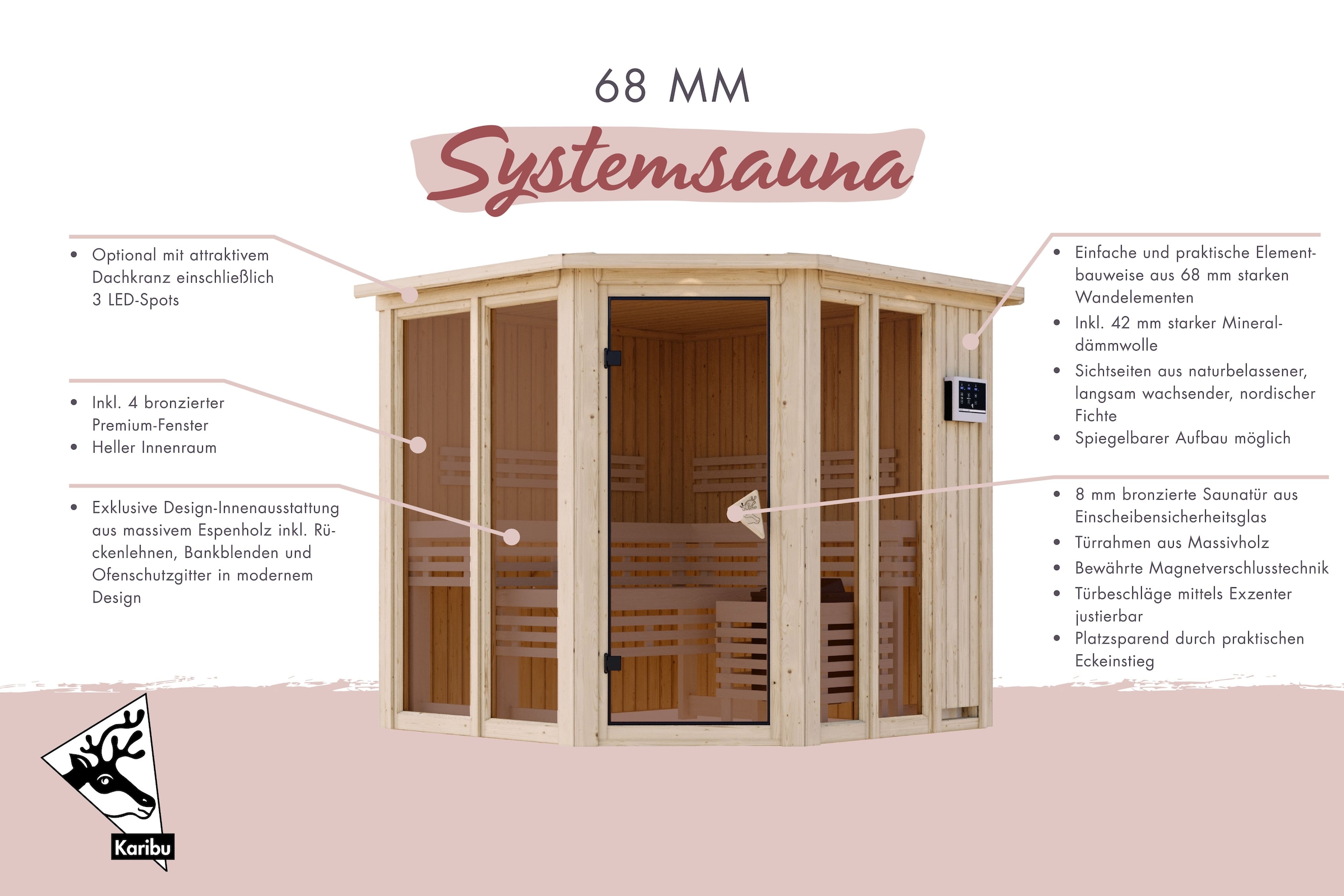 Karibu Sauna »"Airia" mit Kranz, naturbelassen« aus hochwertiger nordischer Fichte