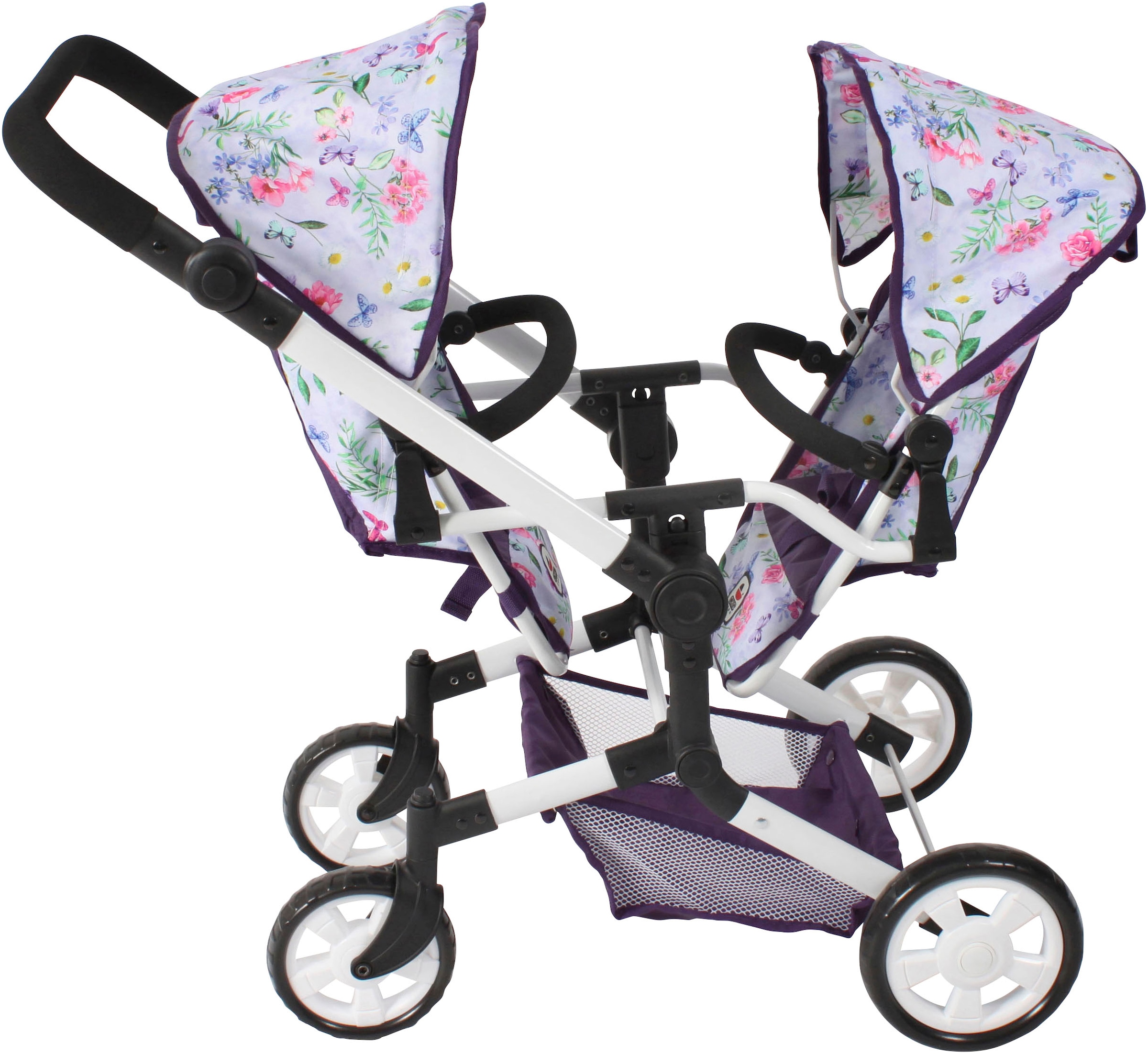 CHIC2000 Puppen-Zwillingsbuggy »Linus Duo, Flowers lila«, mit zwei abnehmbaren, bis in Liegeposition verstellbaren Sportsitzen