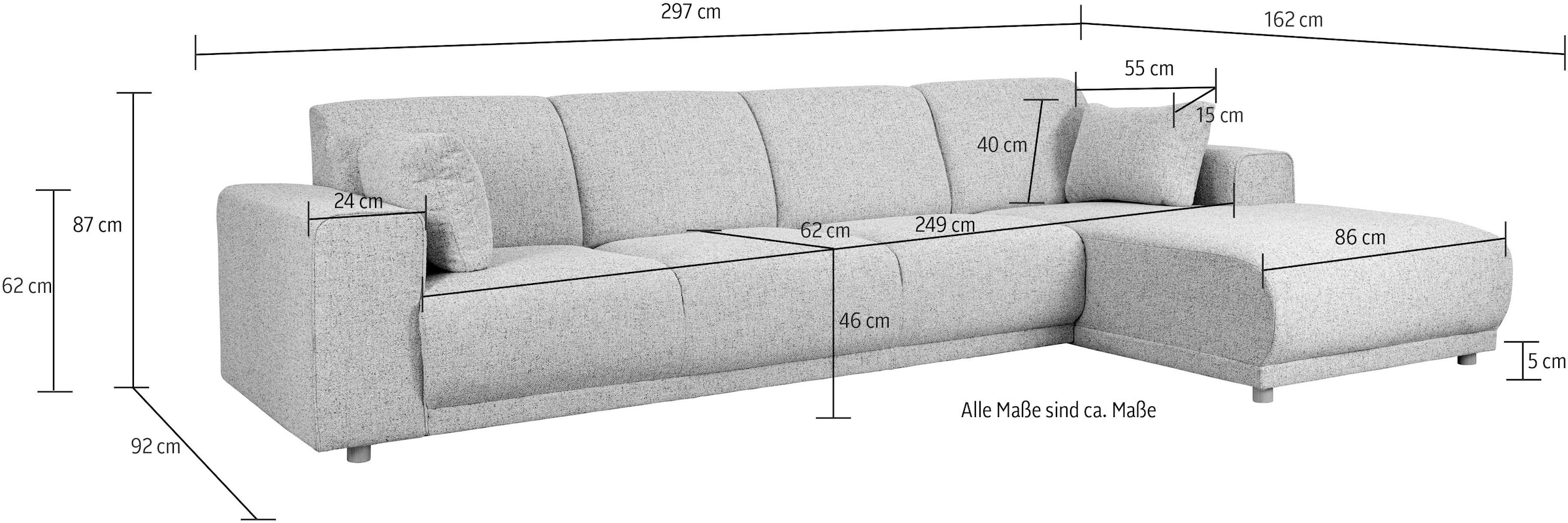 Home affaire Ecksofa »LEMPS wahlweise Recamiere links oder rechts L-Form«, incl. Zierkissen, Stellmaße 297x162 cm