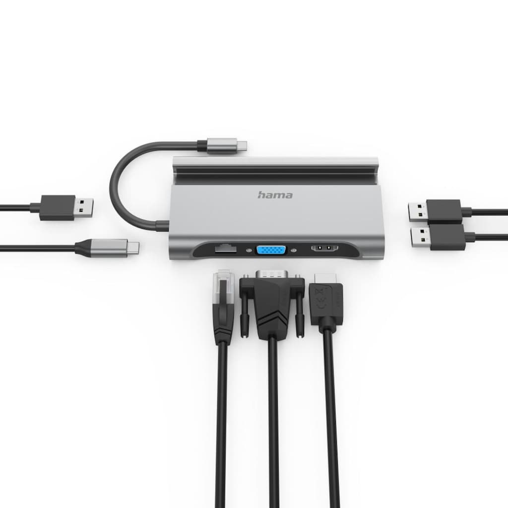 Hama USB-Adapter »USB-C Multiport Hub für Laptop mit 7 Ports, USB Adapter, Handy, Tablet«, USB-C zu USB Typ A-USB Typ C-VGA-HDMI-RJ-45 (Ethernet), 15 cm