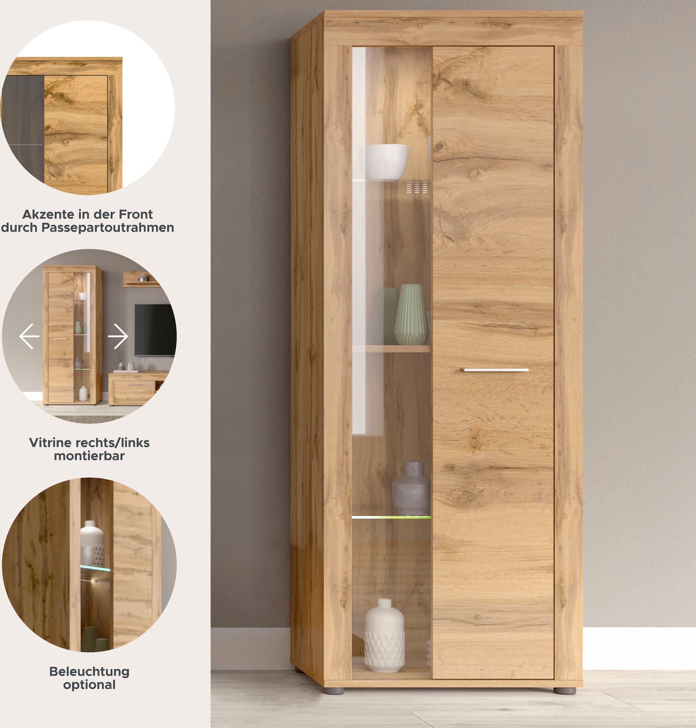 INOSIGN Vitrine »Aosta, Höhe 159 cm, in verschiedenen Farbausführungen«, 1 Tür, 3 Einlegeböden, 4 Fächer, Wohnzimmer, Standvitrine, Glasvitrine