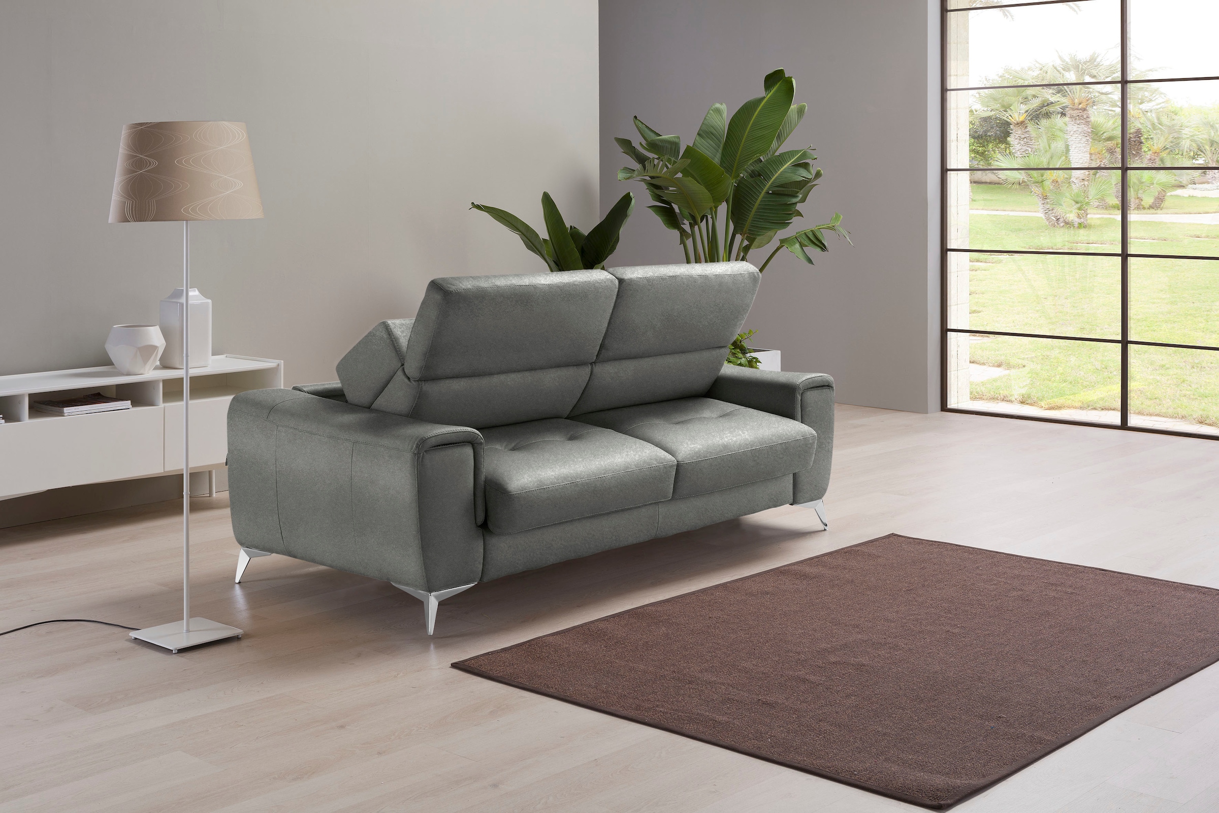 Egoitaliano Schlafsofa »Francine Designsofa, Loungesofa mit Dauerschlaffunktion, Breite 233 cm« Bettfunktion, Luxus-Microfaser Lederoptik, steingrau, Fußfarbe chrom