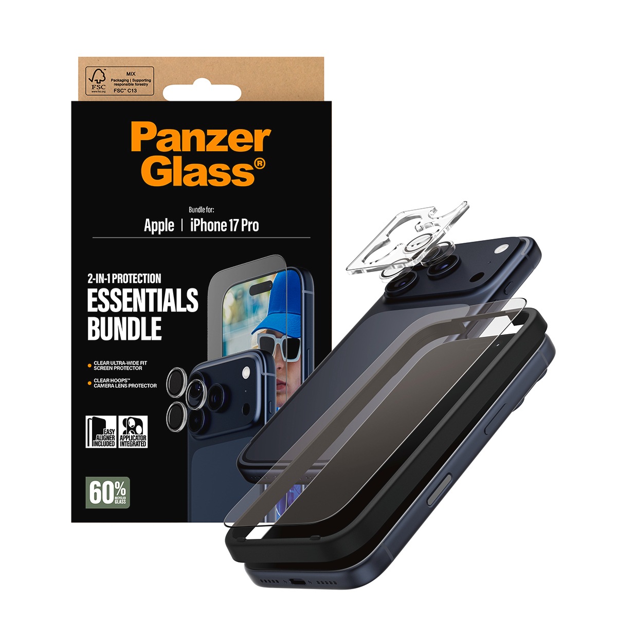 CARE by PanzerGlass Displayschutzglas »2-in-1 Protection Essentials Bundle« für Apple iPhone 17 Pro Displayschutzfolie, Schutzfolie, Bildschirmschutz, kratz- & stoßfest